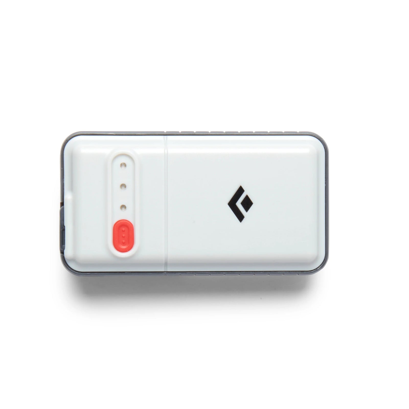 White electronic device with a red button and black logo on a white background