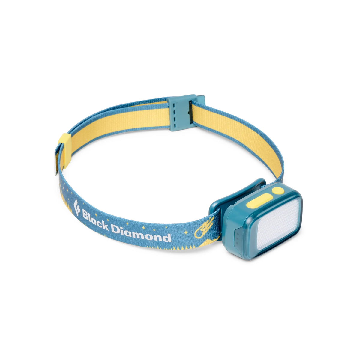 Blue and yellow headlamp with Black Diamond branding on a white background