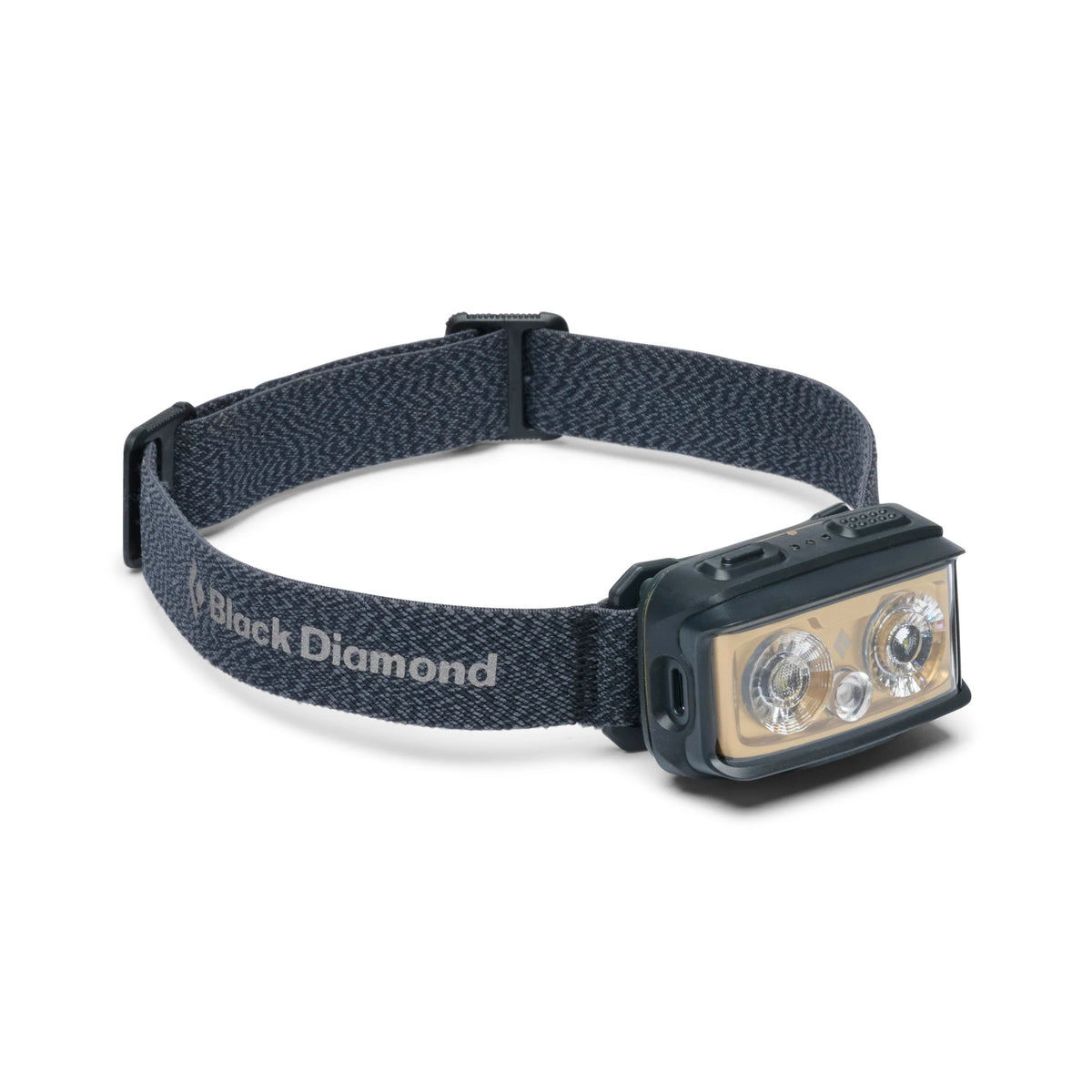 A Black Diamond headlamp with a dark navy blue textured fabric headband and a black rectangular lamp housing, shown on a plain white background.