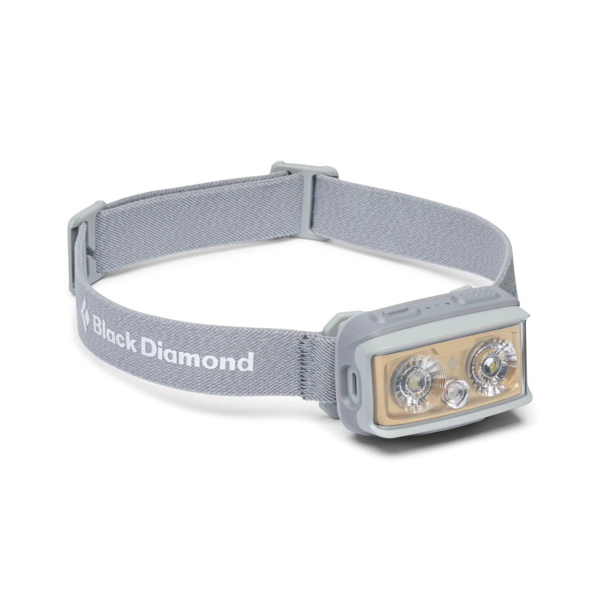 A Black Diamond headlamp with a gray adjustable fabric headband and a gray rectangular lamp housing containing two clear LED lenses, shown on a white background.
