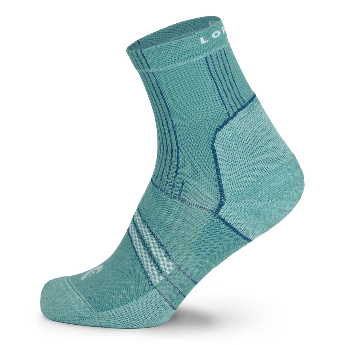 Teal sock with grid pattern on a white background