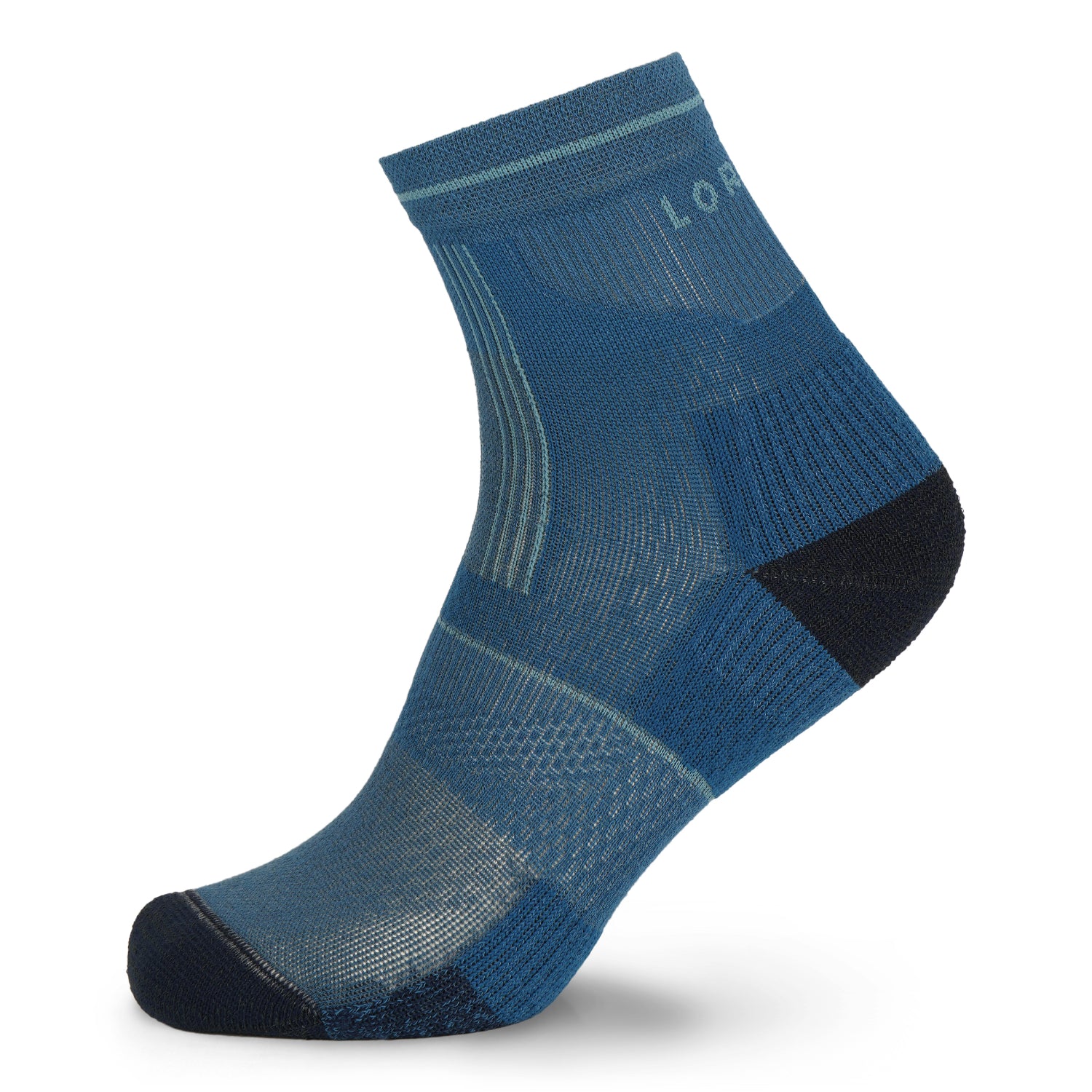 Blue sock with black toe and heel on a white background