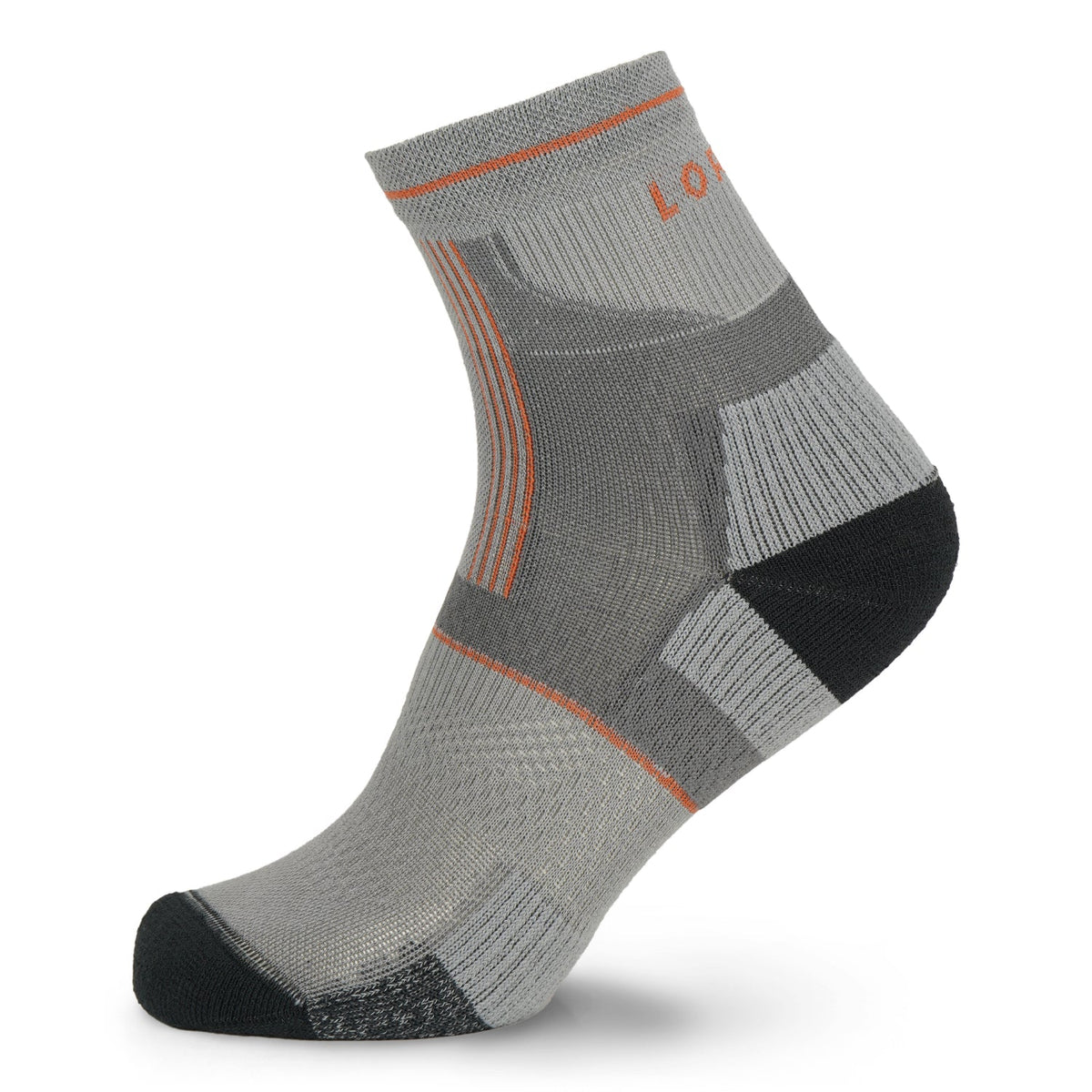 Gray sock with black and orange accents on a white background