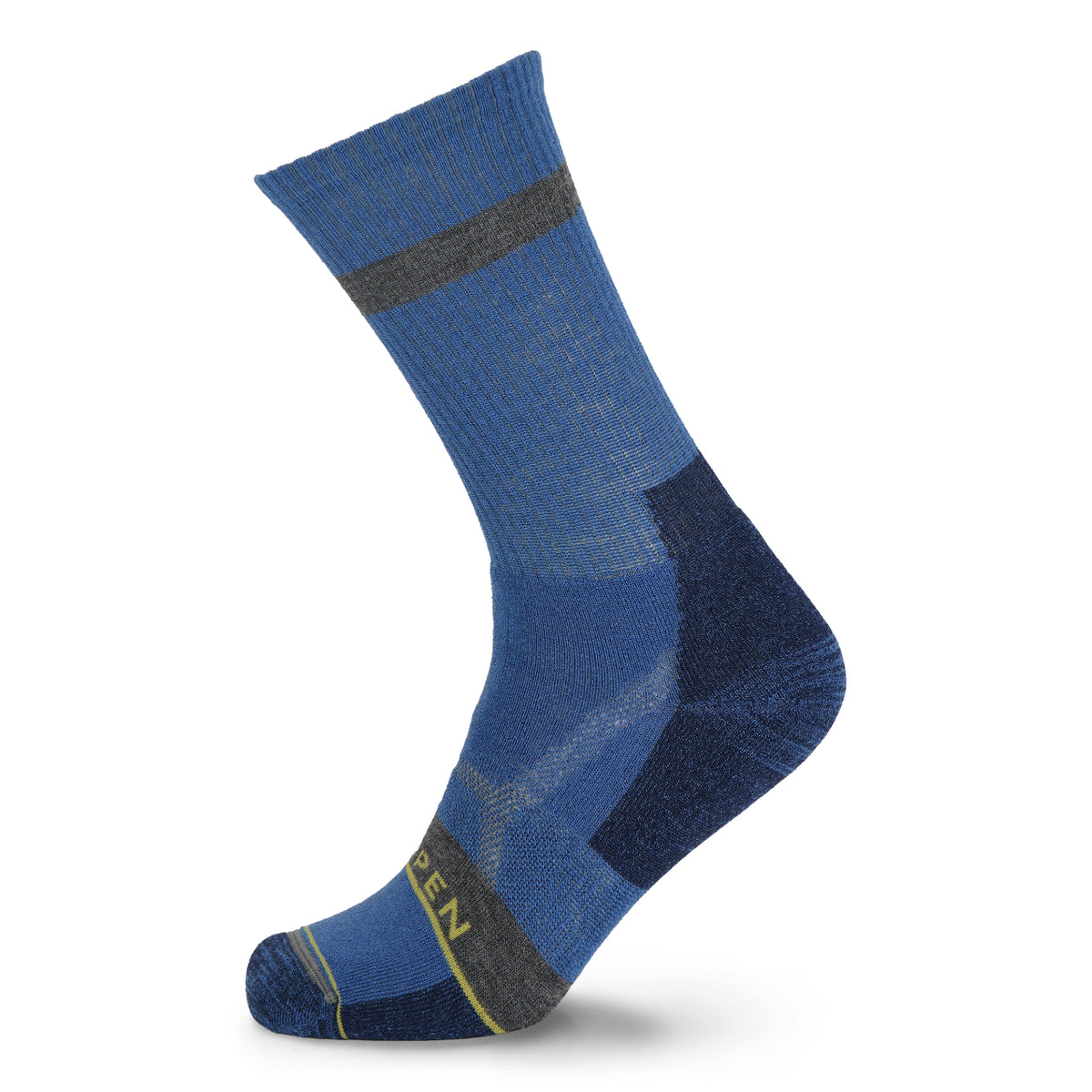 Blue sock with a gray band on a white background