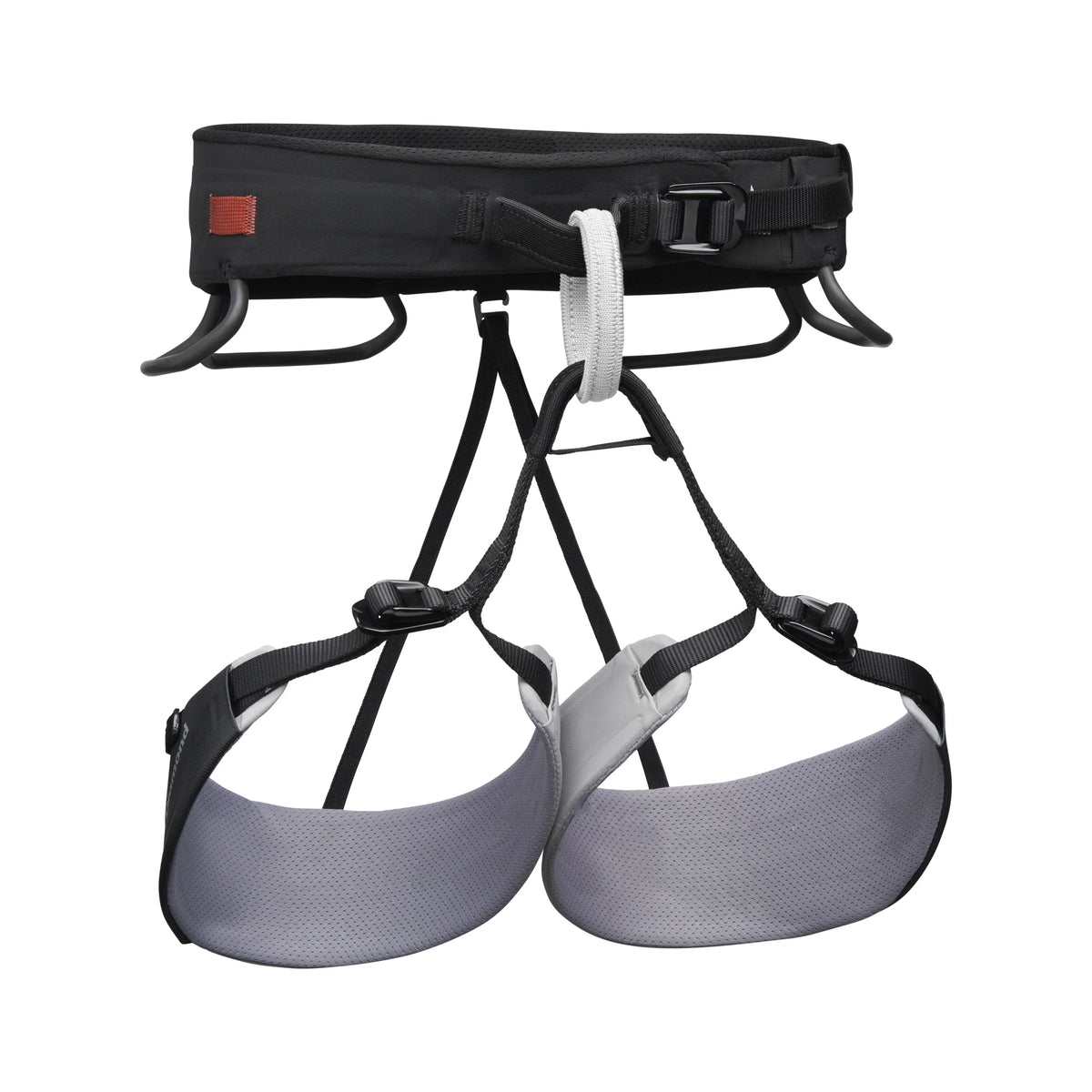 Black and gray climbing harness on a white background