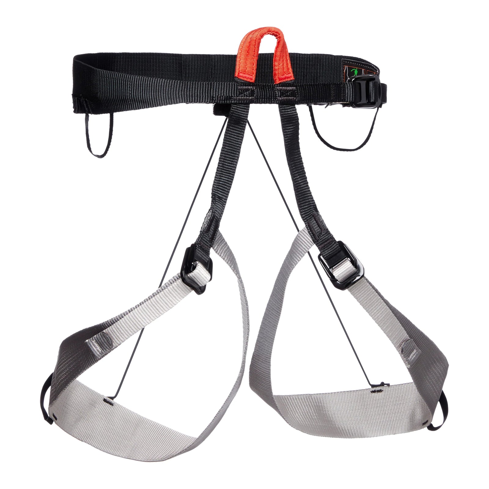 Rock climbing harness with gray straps and black and orange buckle on a white background