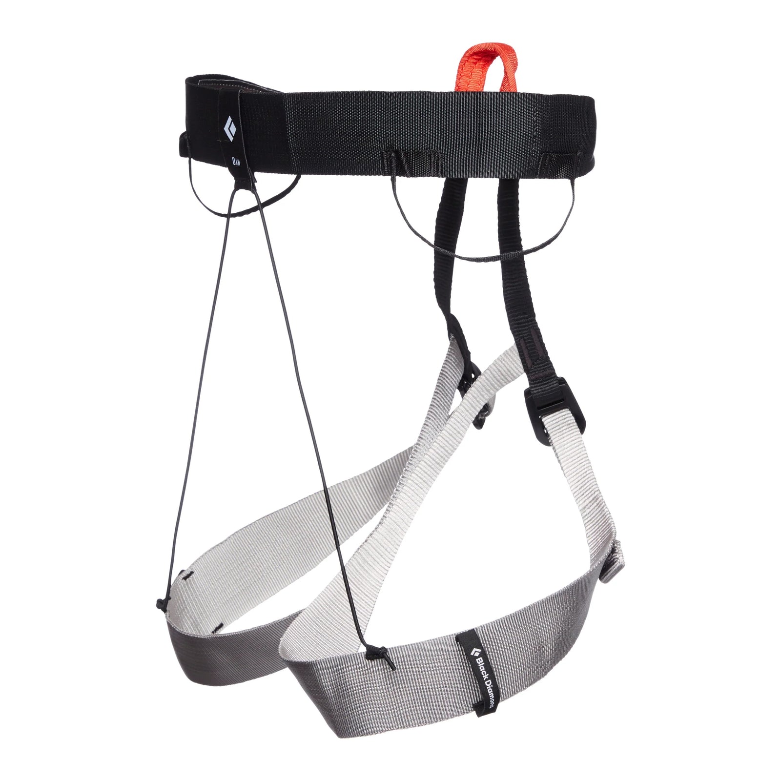 Rock climbing harness with gray straps and black and orange buckle on a white background