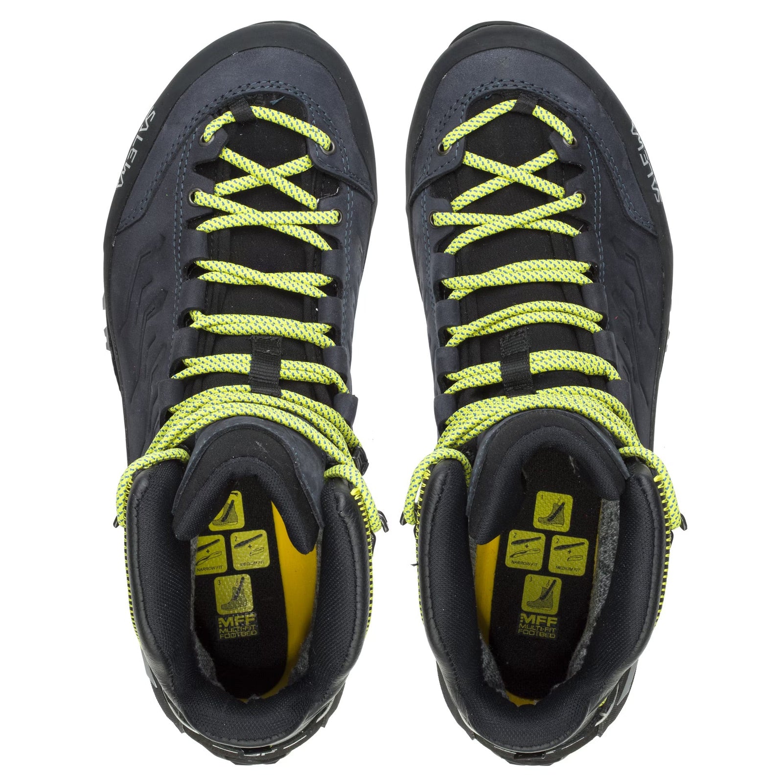 Black hiking boot with yellow laces on a white background