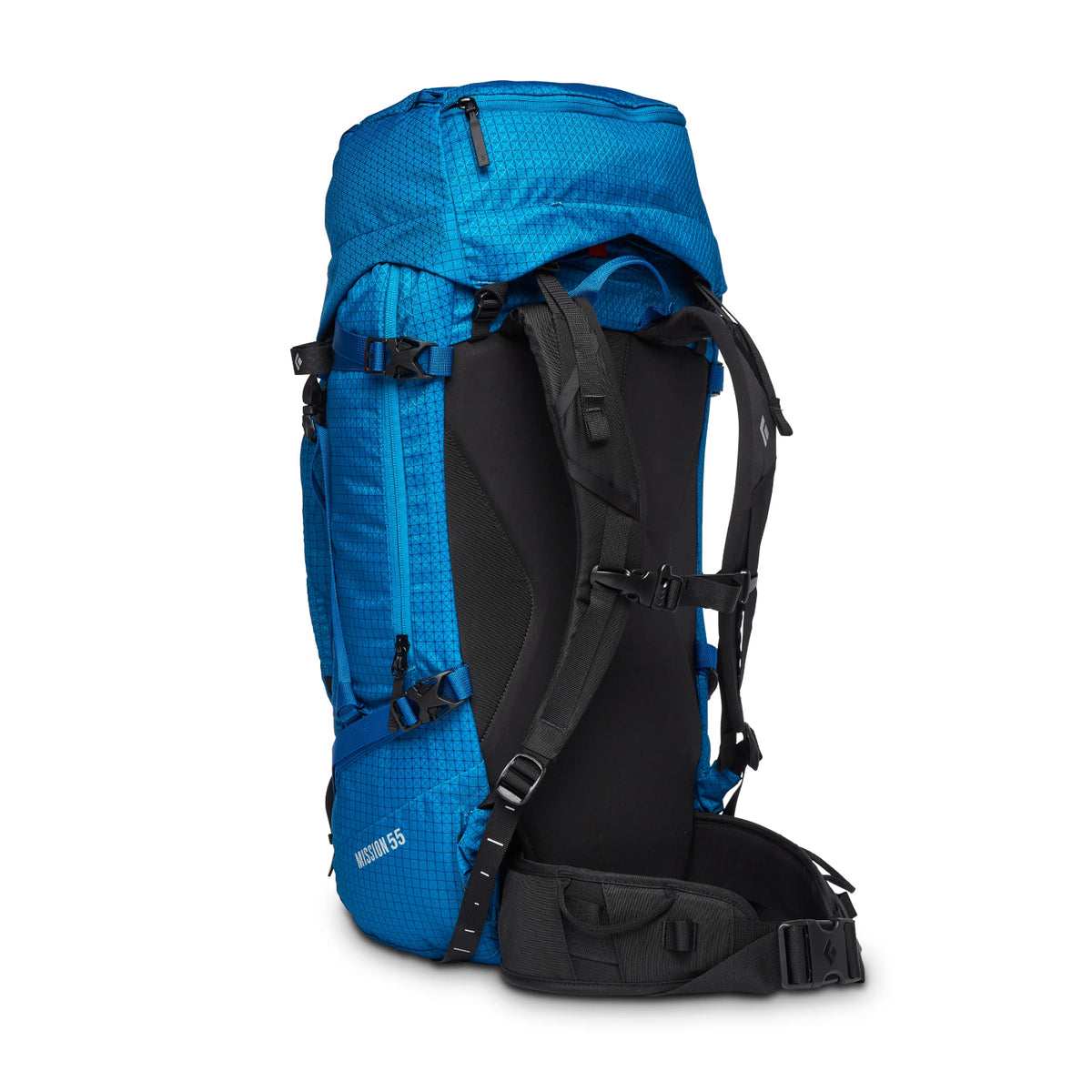 Blue hiking backpack with black straps on a white background