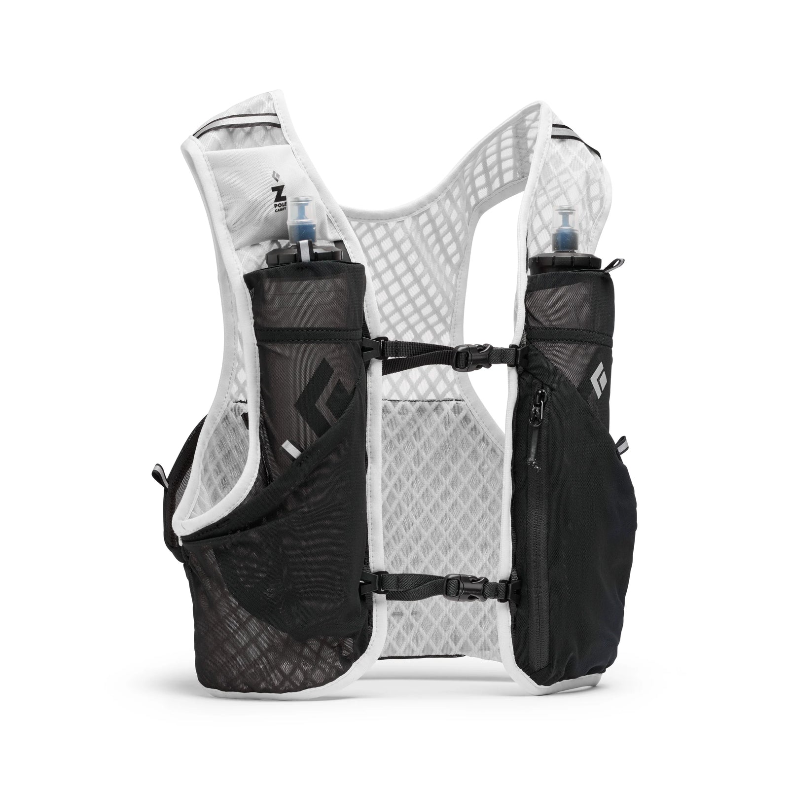 Black and white hydration vest on a white background