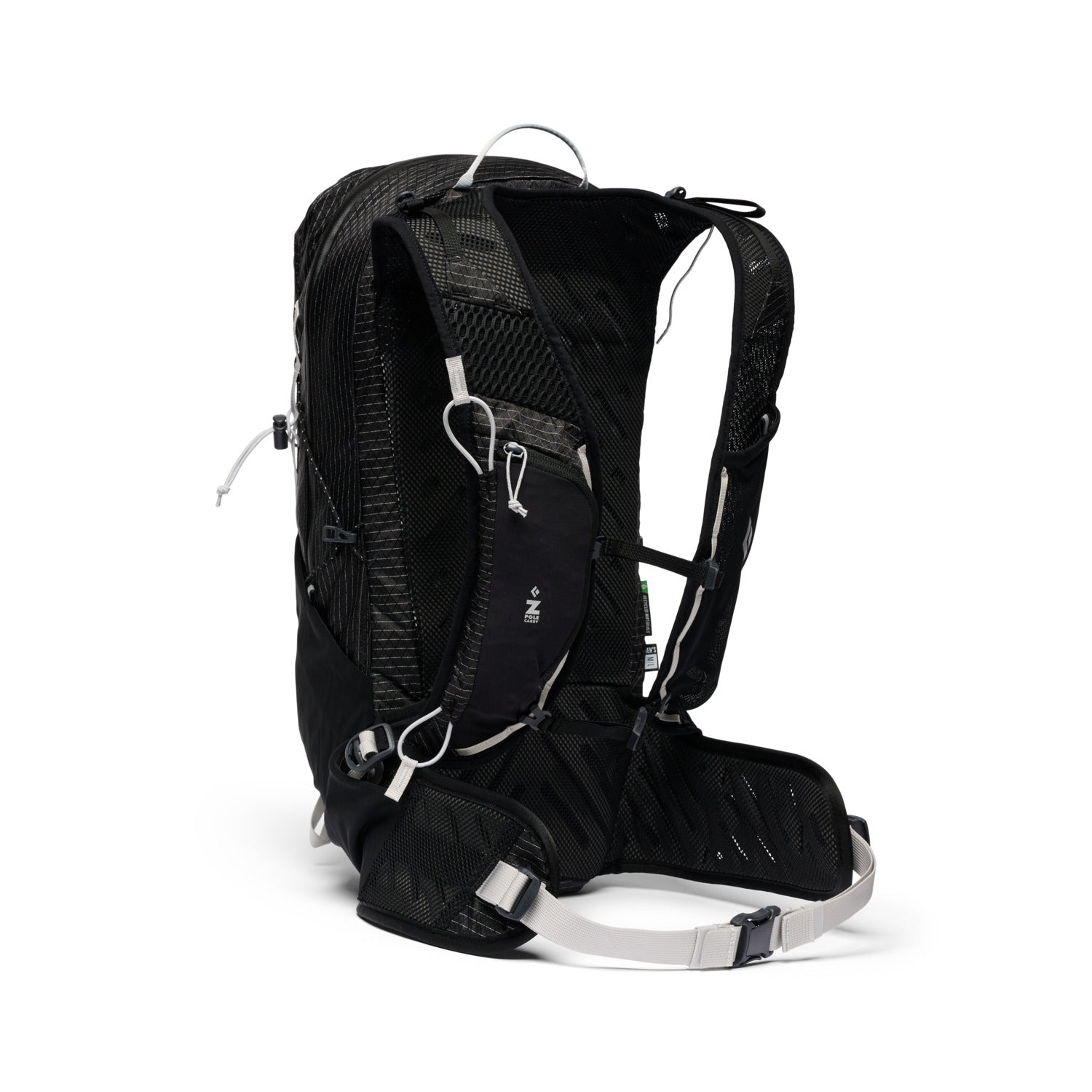 Black hiking backpack with a visible brand logo on a white background