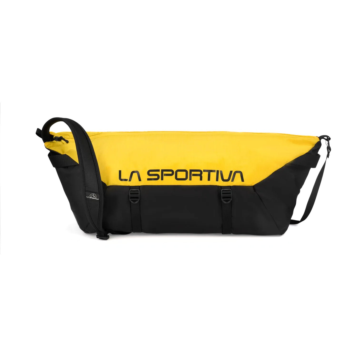 black and yellow climbing rope back on a white background with a should strap
