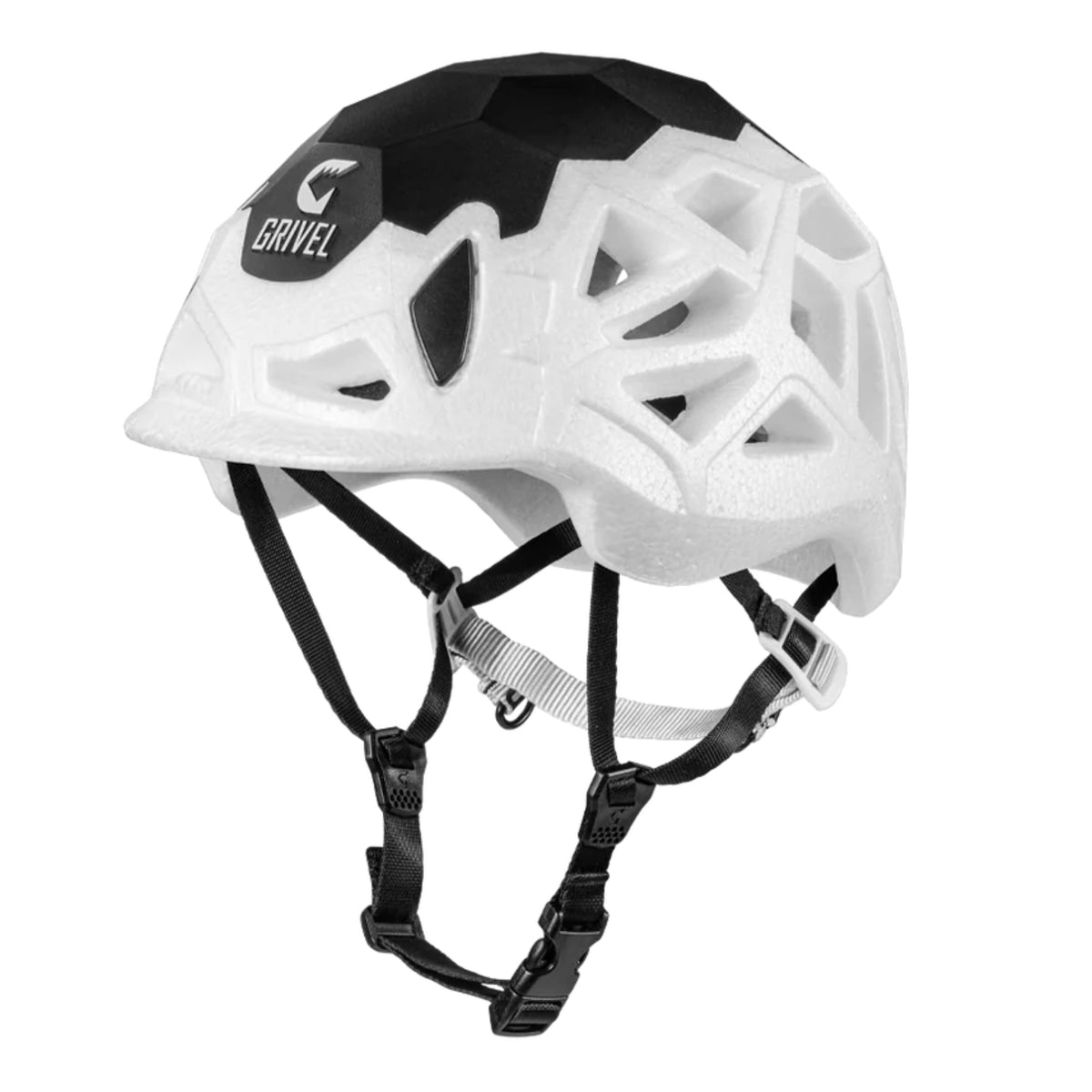 White climbing helmet with black accents on a white background