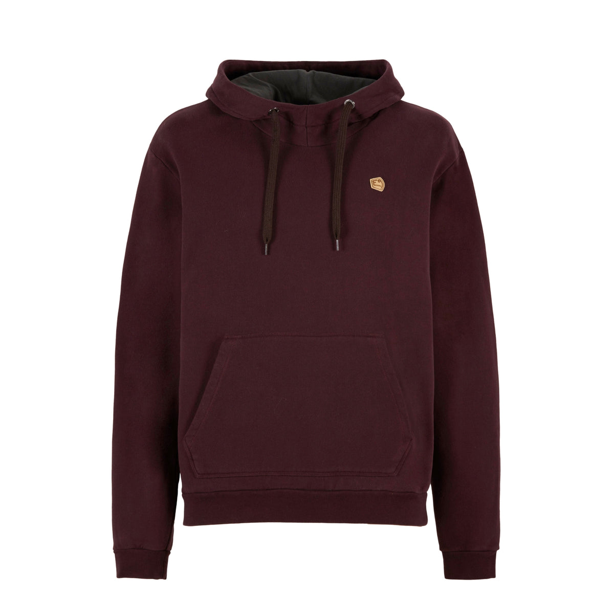 Maroon hoodie with a small logo on a white background