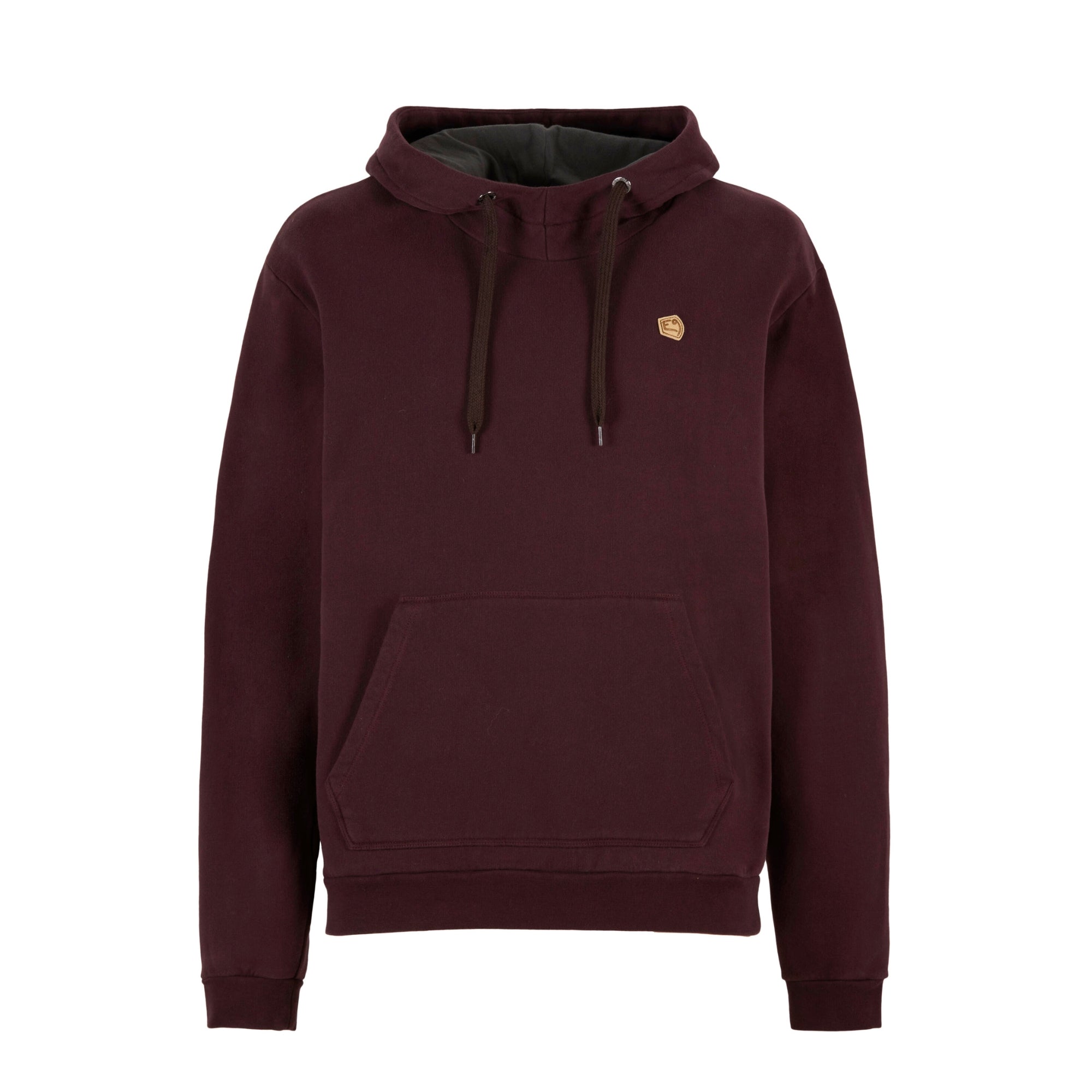 Maroon hoodie with a small logo on a white background