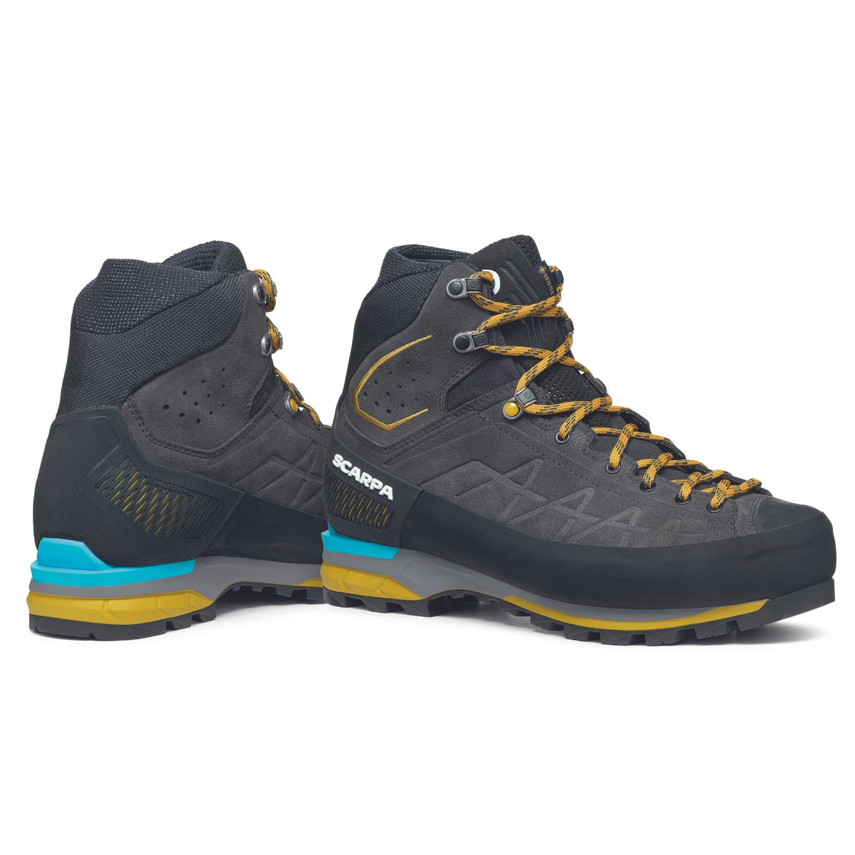 Scarpa Zodiac Tech GTX mens boots in anthracite sulphur colour. Showing side on view.
