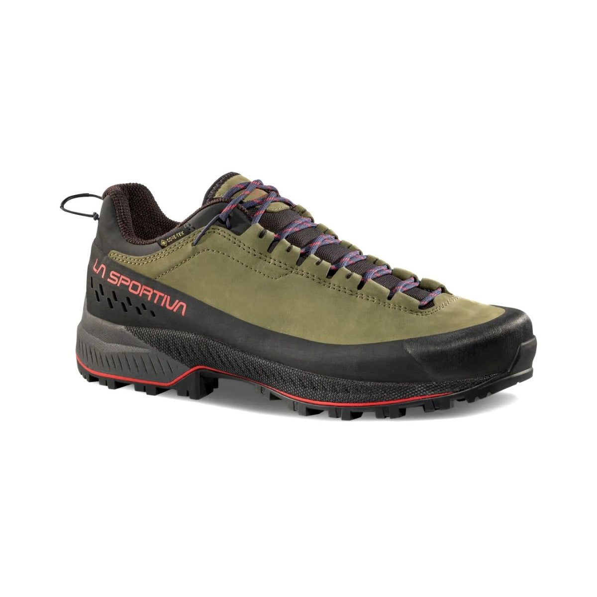 Green hiking shoe with black sole on a white background