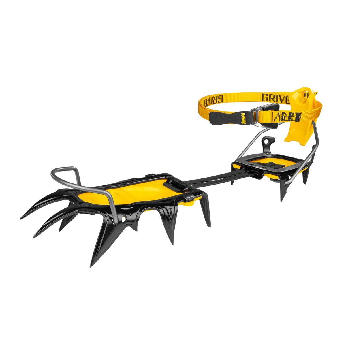 A black and yellow crampon with a yellow strap labelled 'grivel', shown on a plain white background.