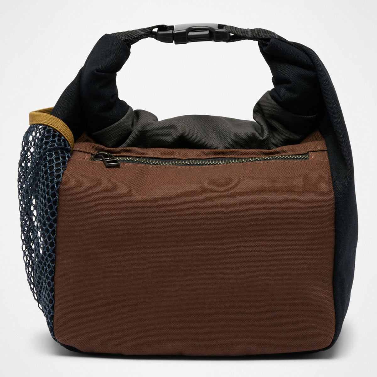 Brown bag with black strap and mesh pocket on a white background