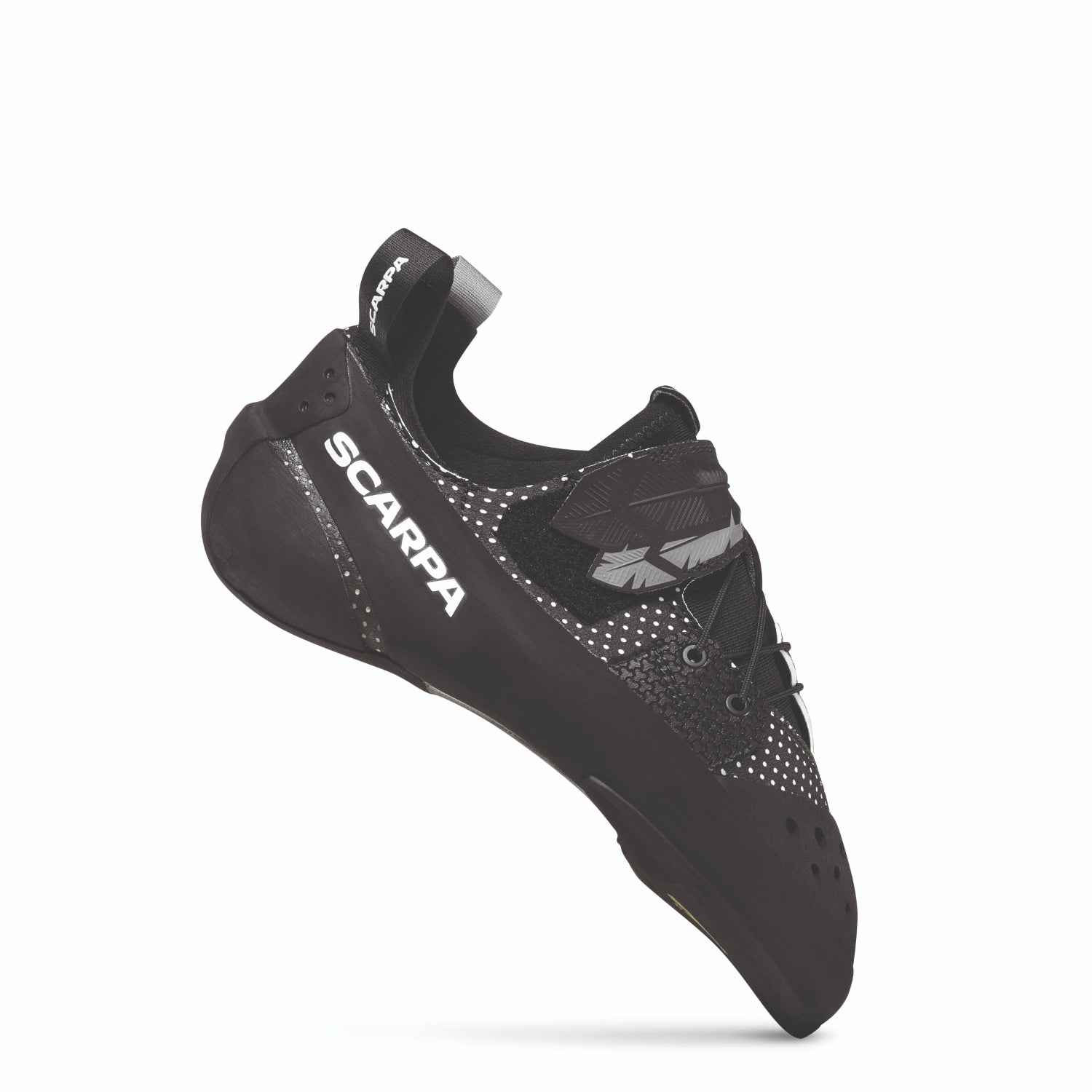 Black climbing shoe with 'Scarpa' branding on a white background