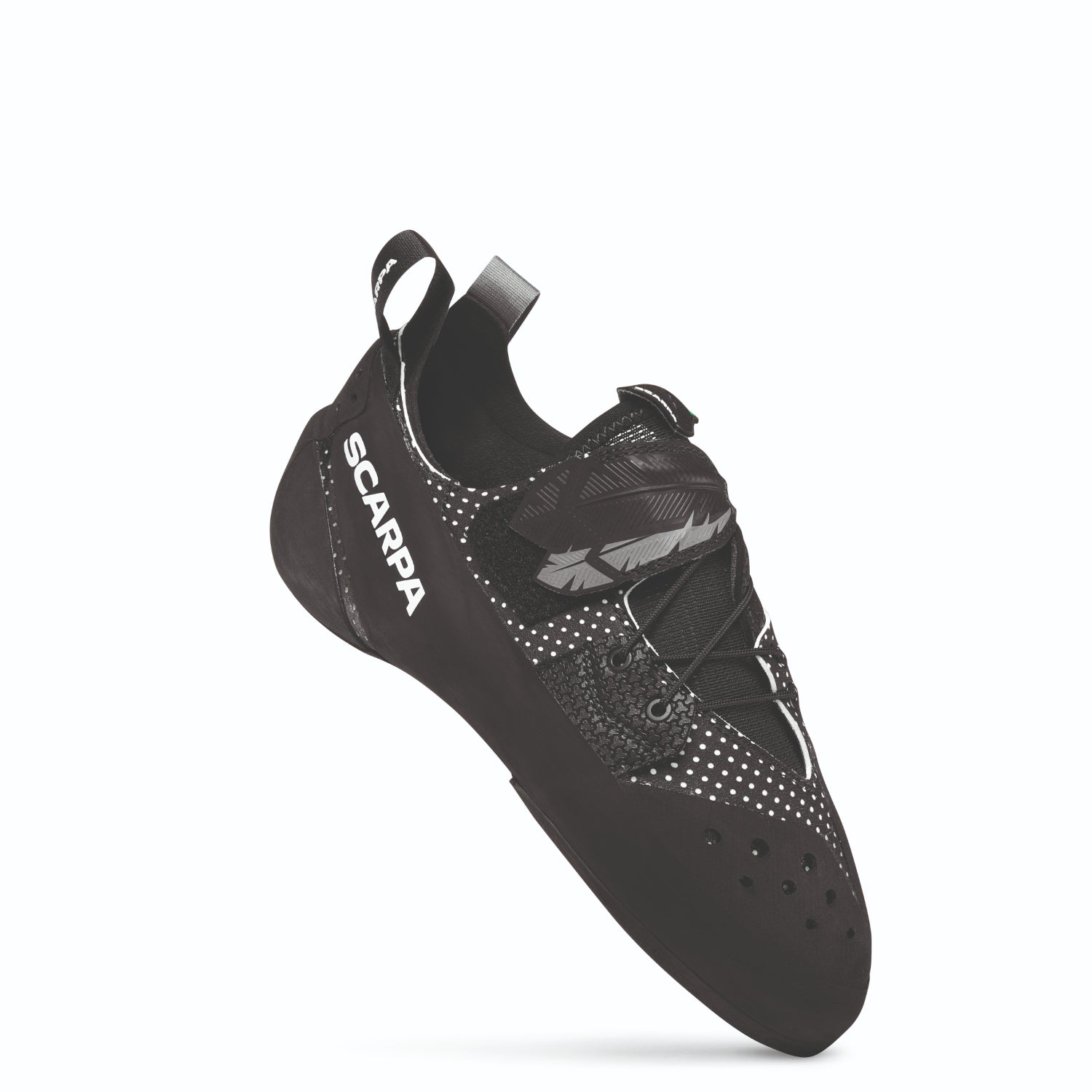Black climbing shoe with 'Scarpa' branding on a white background