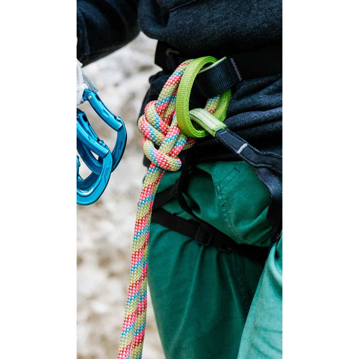 Edelrid Kinglet 9.2mm x 60m rope in snow tied into a harness