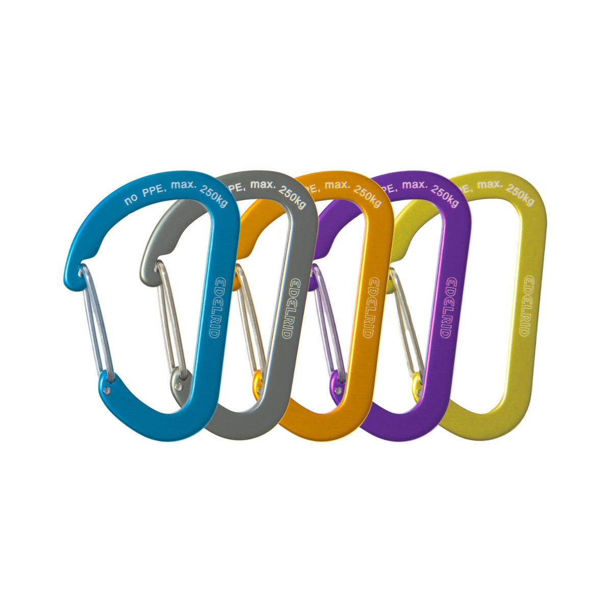 Edelrid Aranya Accessory Carabiners, showing multicoloured range in gold, silver, green, purple 