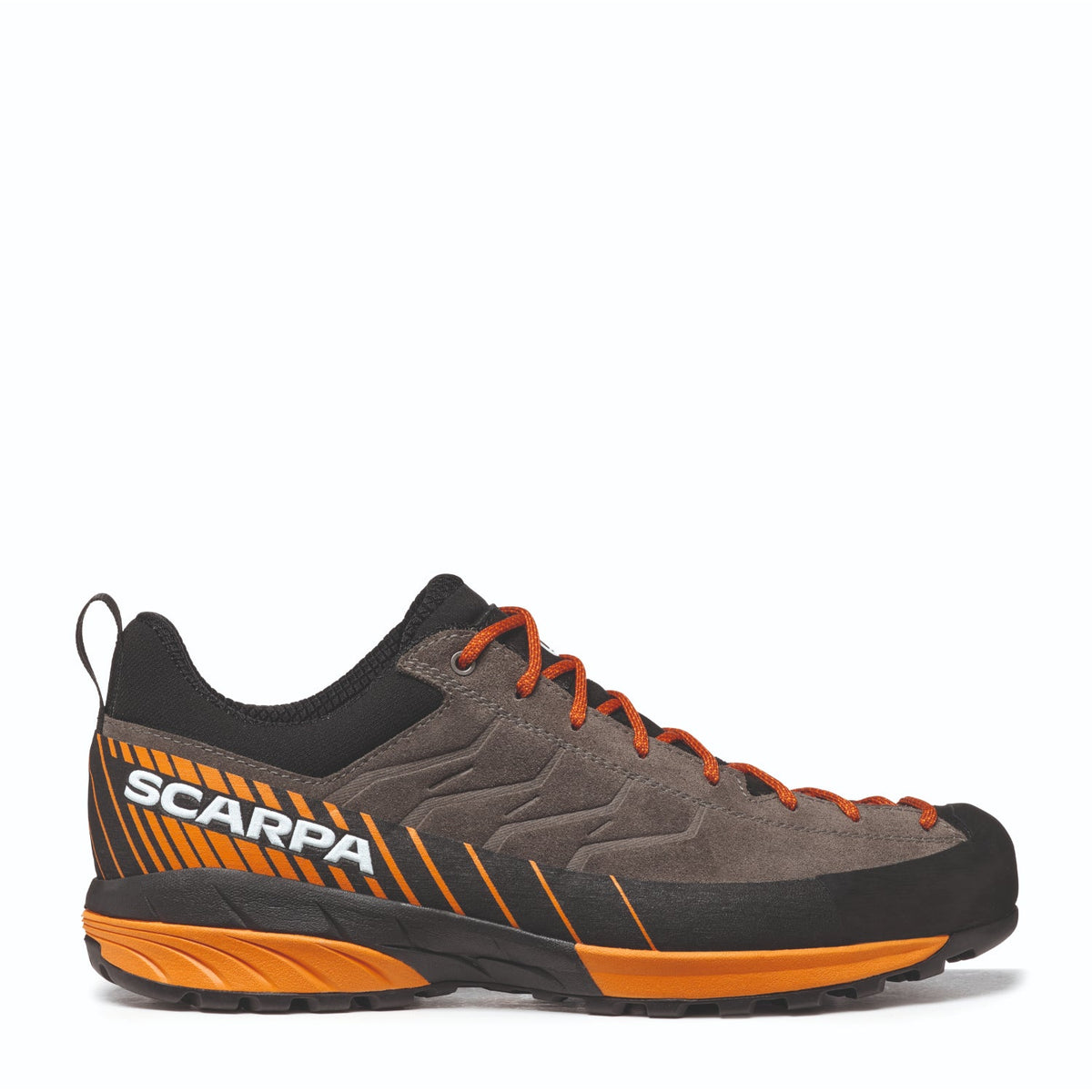 Scarpa Mescalito titanium/mango side view showing logo