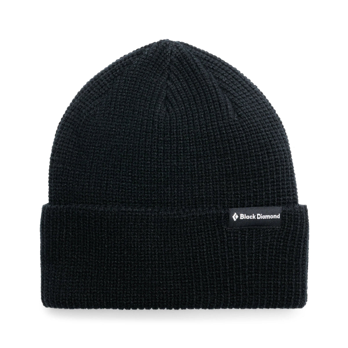 Black beanie with a visible brand logo on a white background