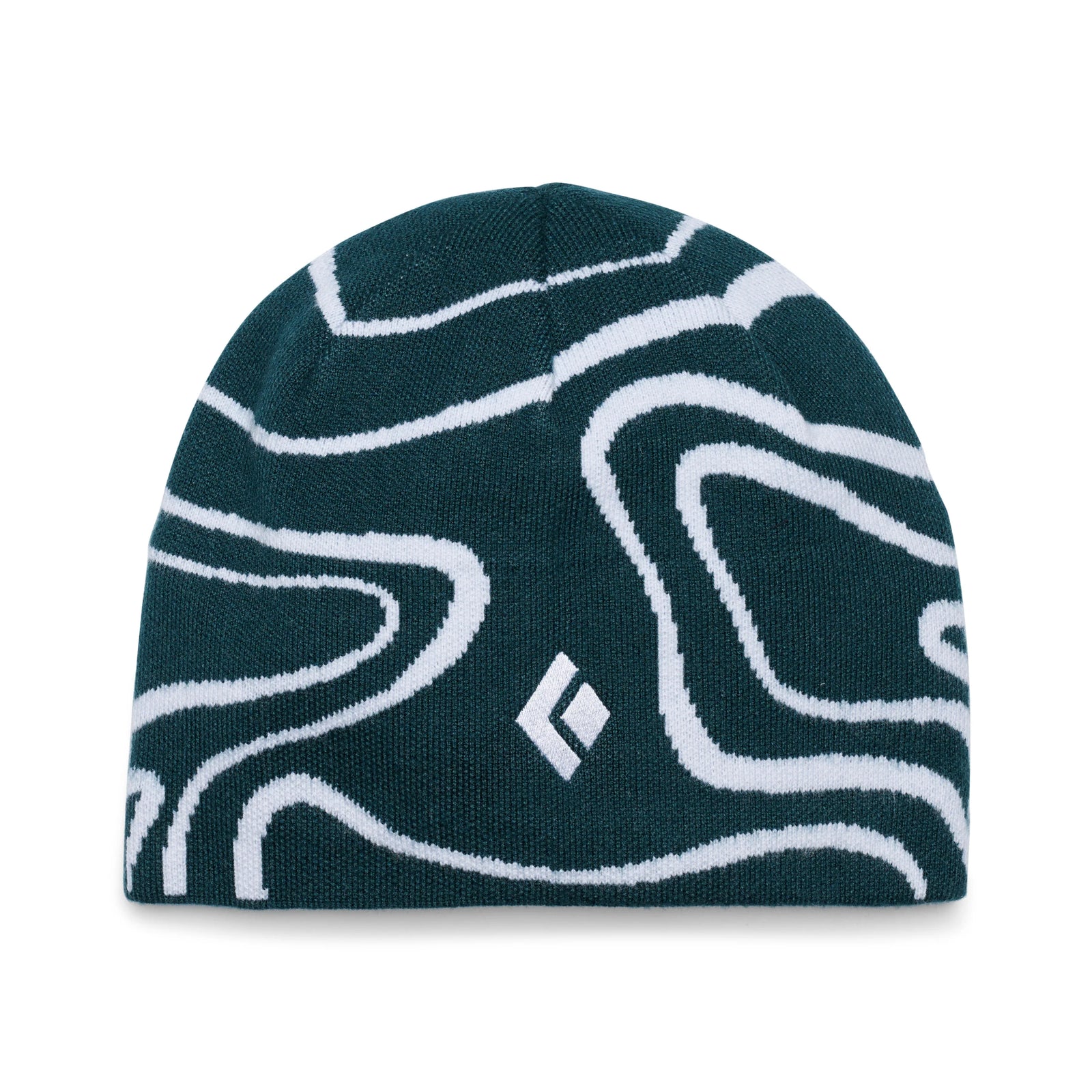 Brown beanie with white abstract patterns on a white background