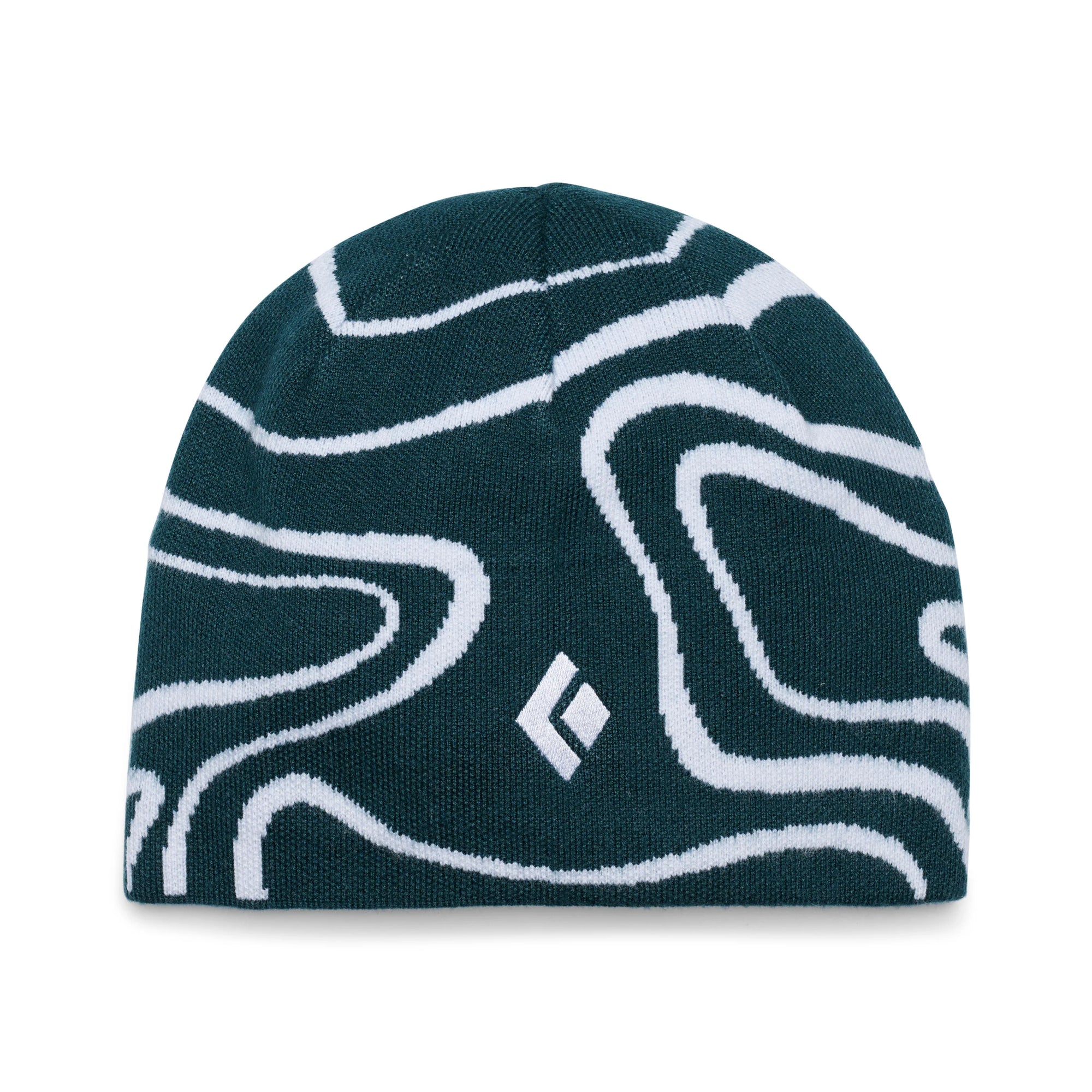 Brown beanie with white abstract patterns on a white background