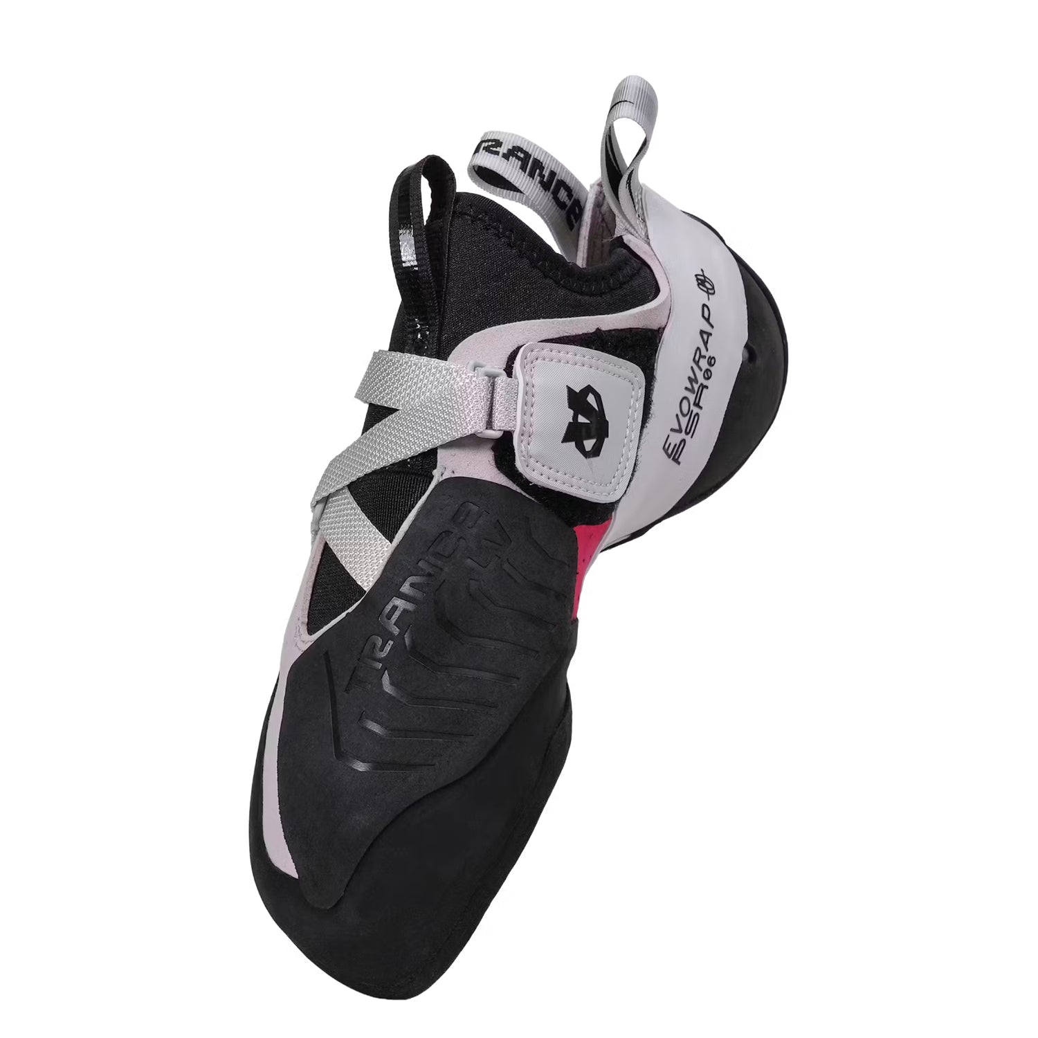 evolv shaman trance lv climbing shoe in light pink with black trim on a white background