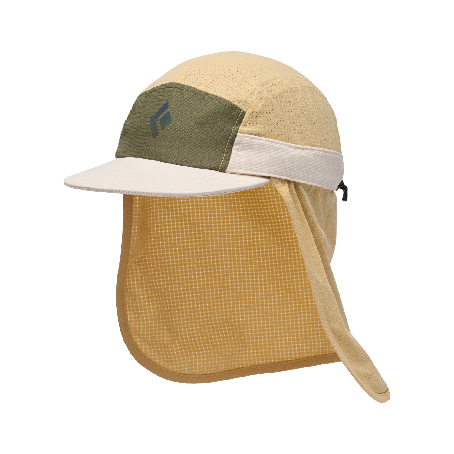 Beige cap with a neck flap and green patch on a white background