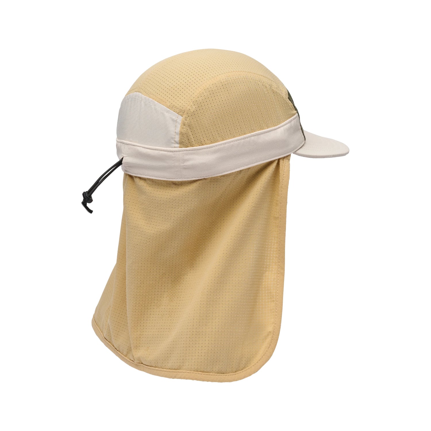 Beige cap with a neck flap and green patch on a white background