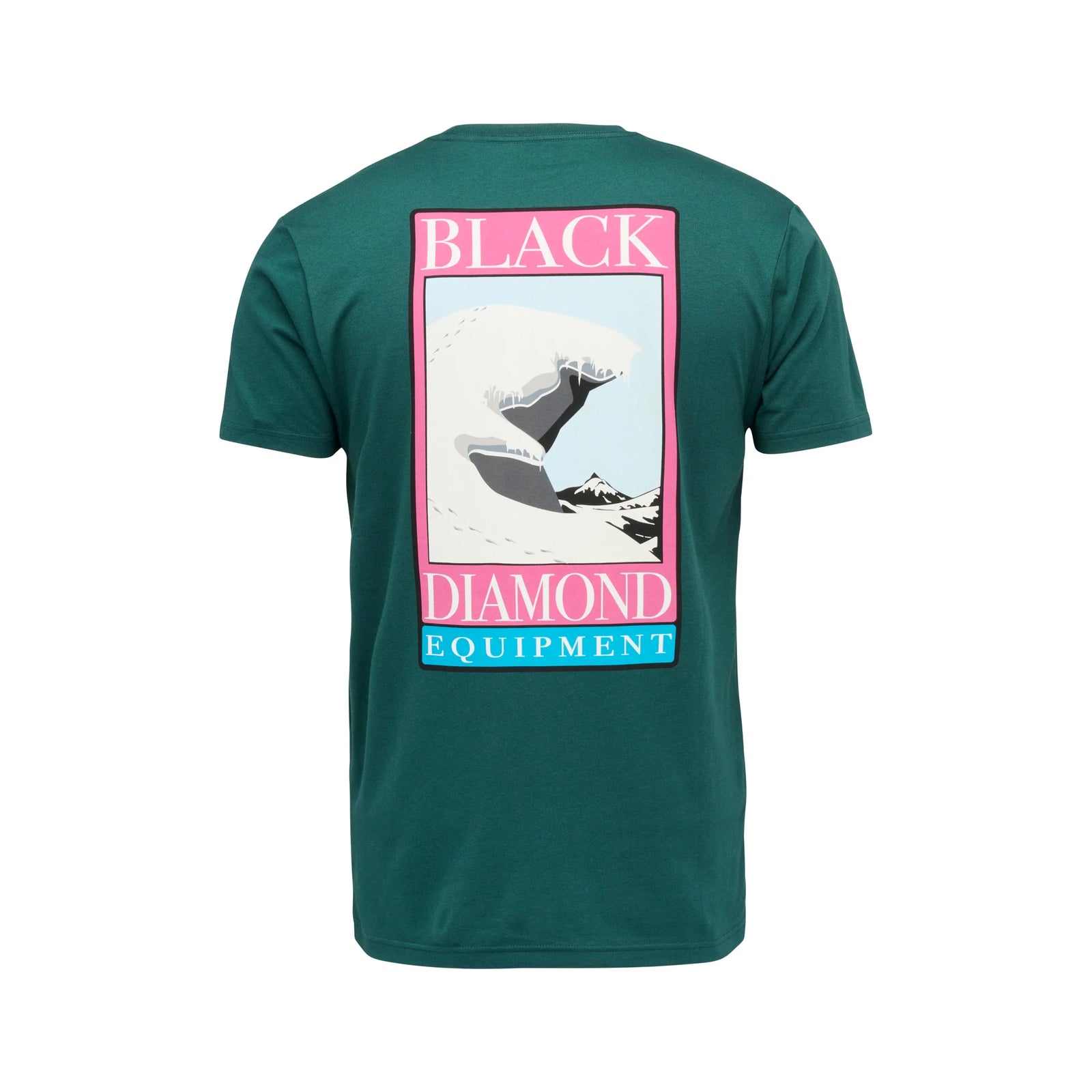 Man wearing a green t-shirt with a logo on a white background