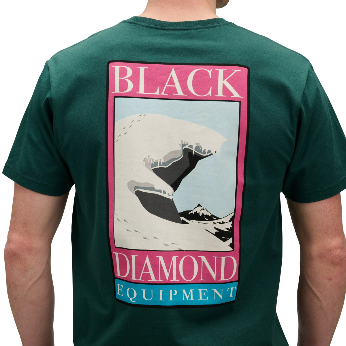 Green t-shirt with a graphic of a bear and text on the back, on a white background