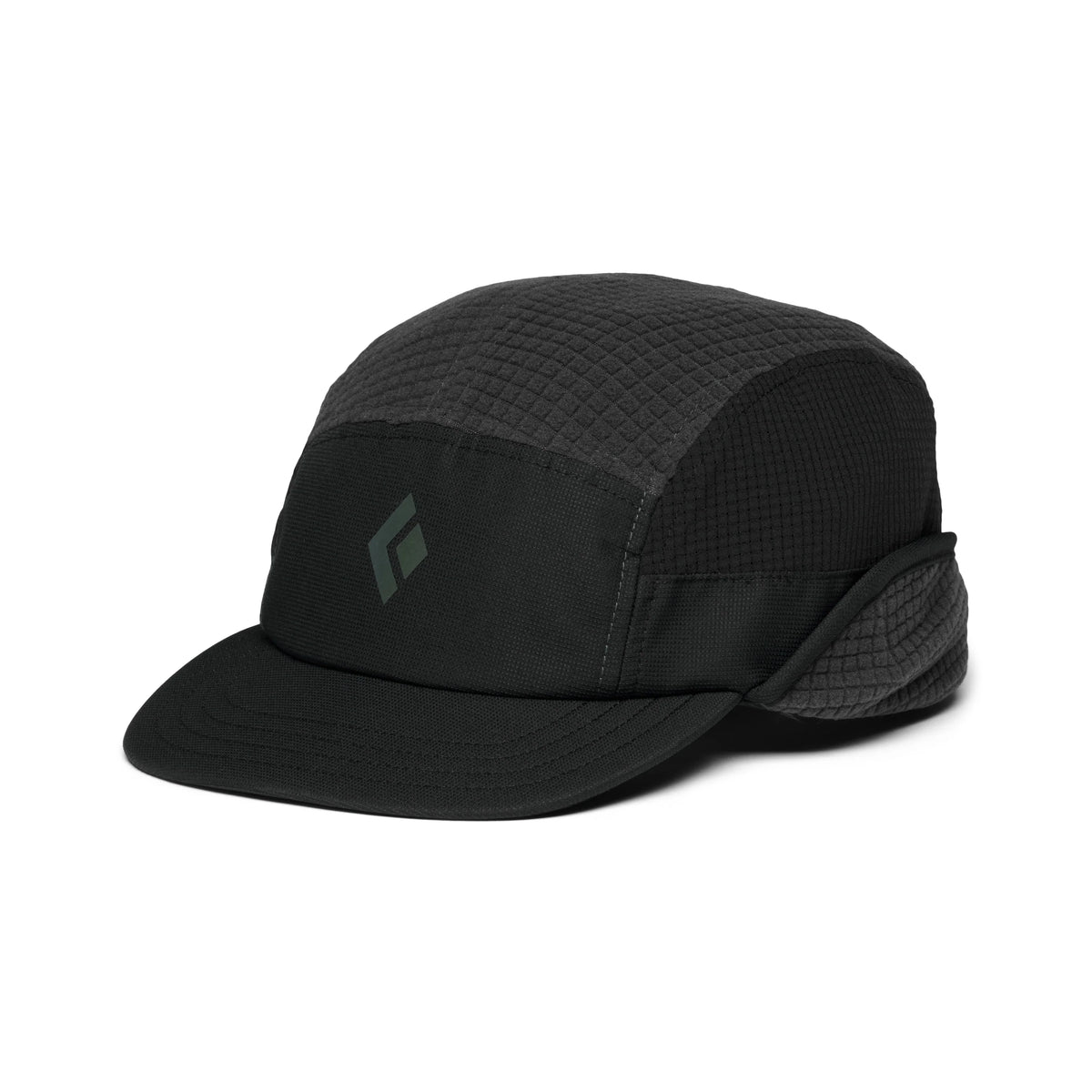 black fleece lined winter running cap with reflective logo on the front. On a white background