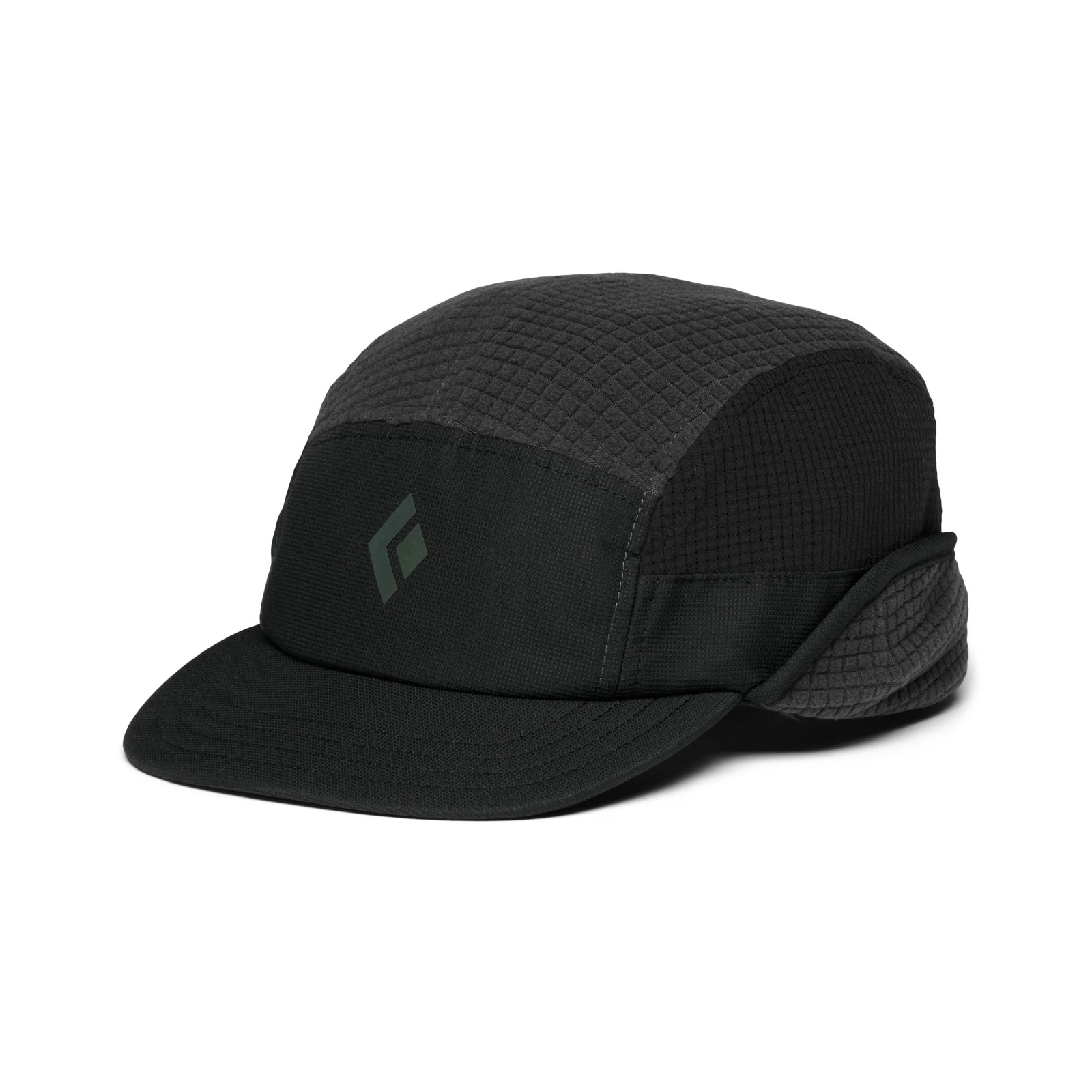 black fleece lined winter running cap with reflective logo on the front. On a white background