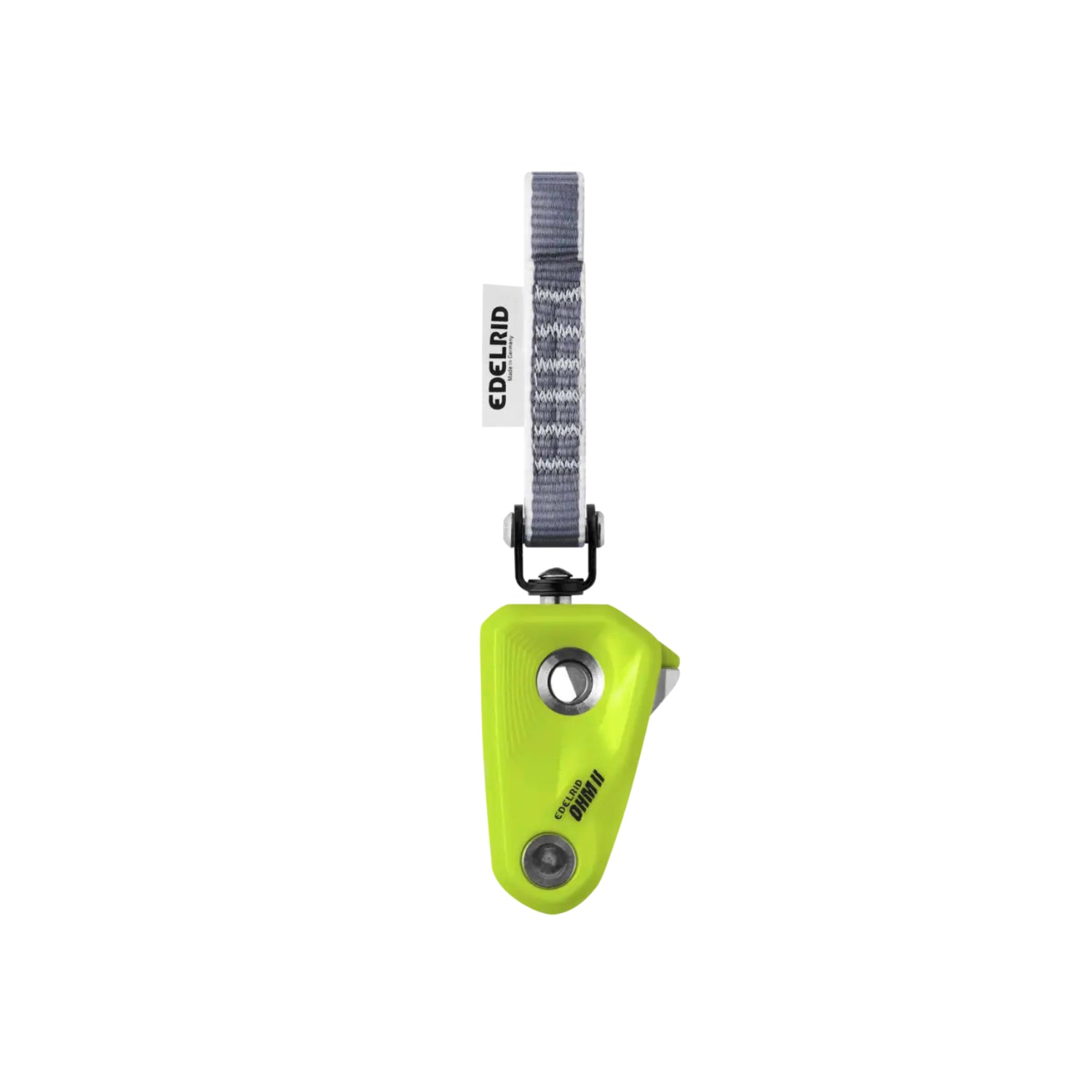 Green climbing device with a gray strap on a white background