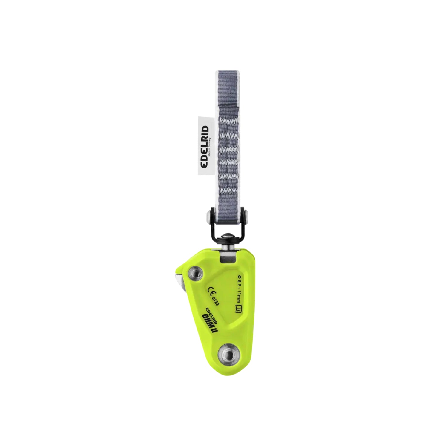 Green climbing device with a gray strap on a white background