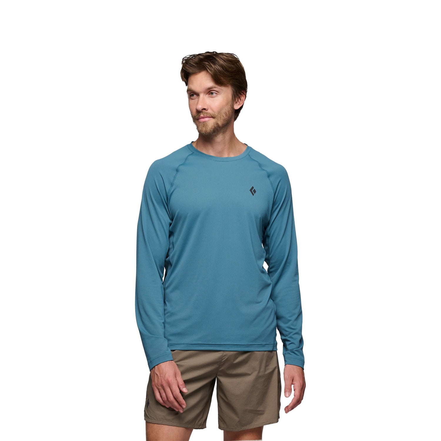 Blue long-sleeve shirt with a logo on a white background