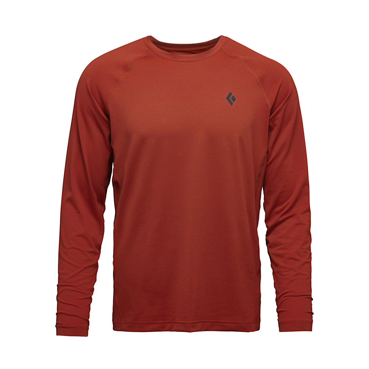 Red long-sleeve shirt with a logo on a white background