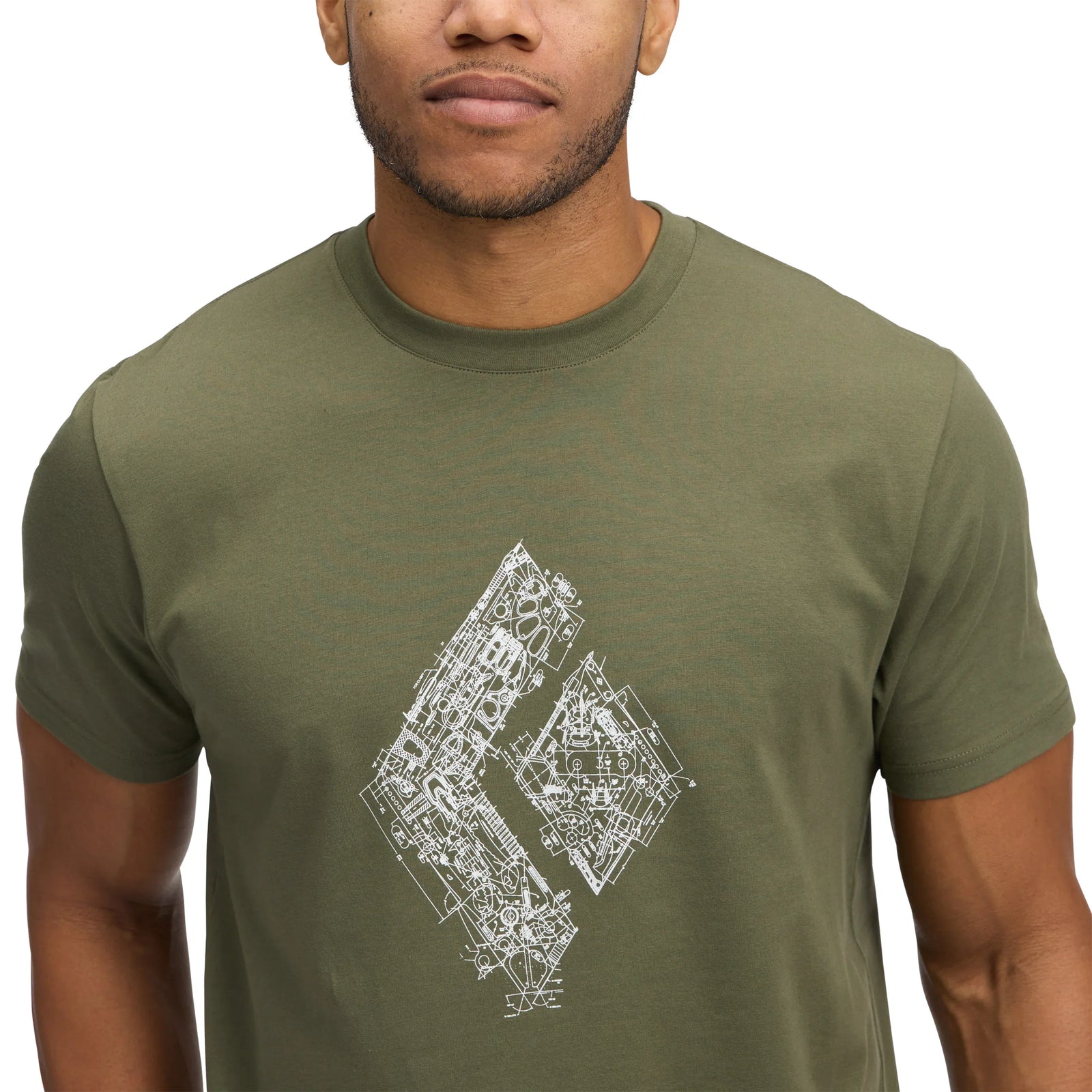 Green t-shirt with a white logo on a white background