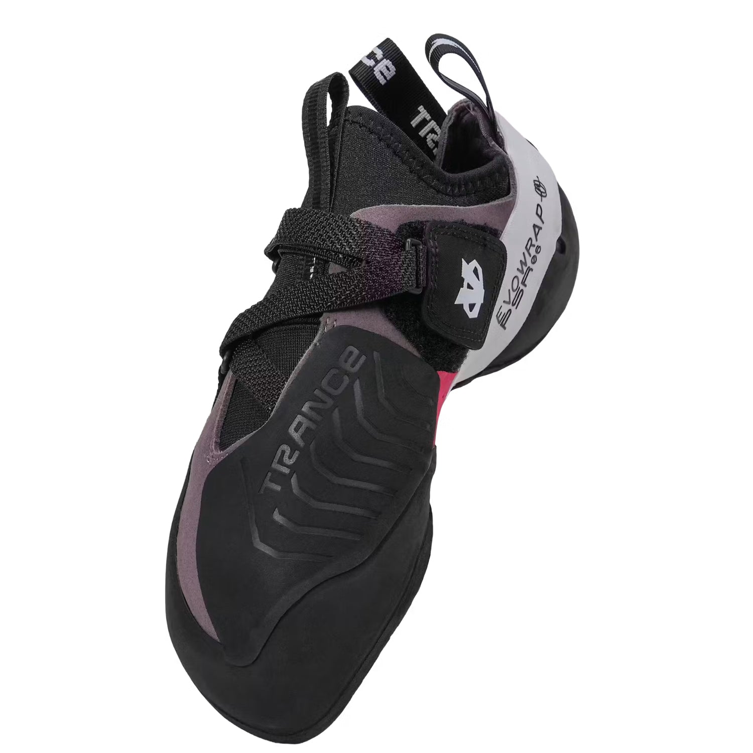 the Evolv Shaman trance climbing shoe in black with purple lining on a white background.