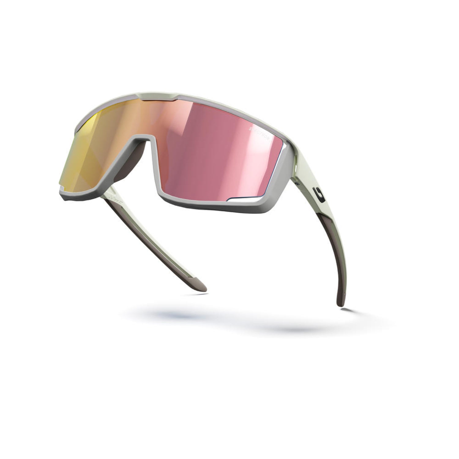 Sunglasses with pink reflective lenses on a white background