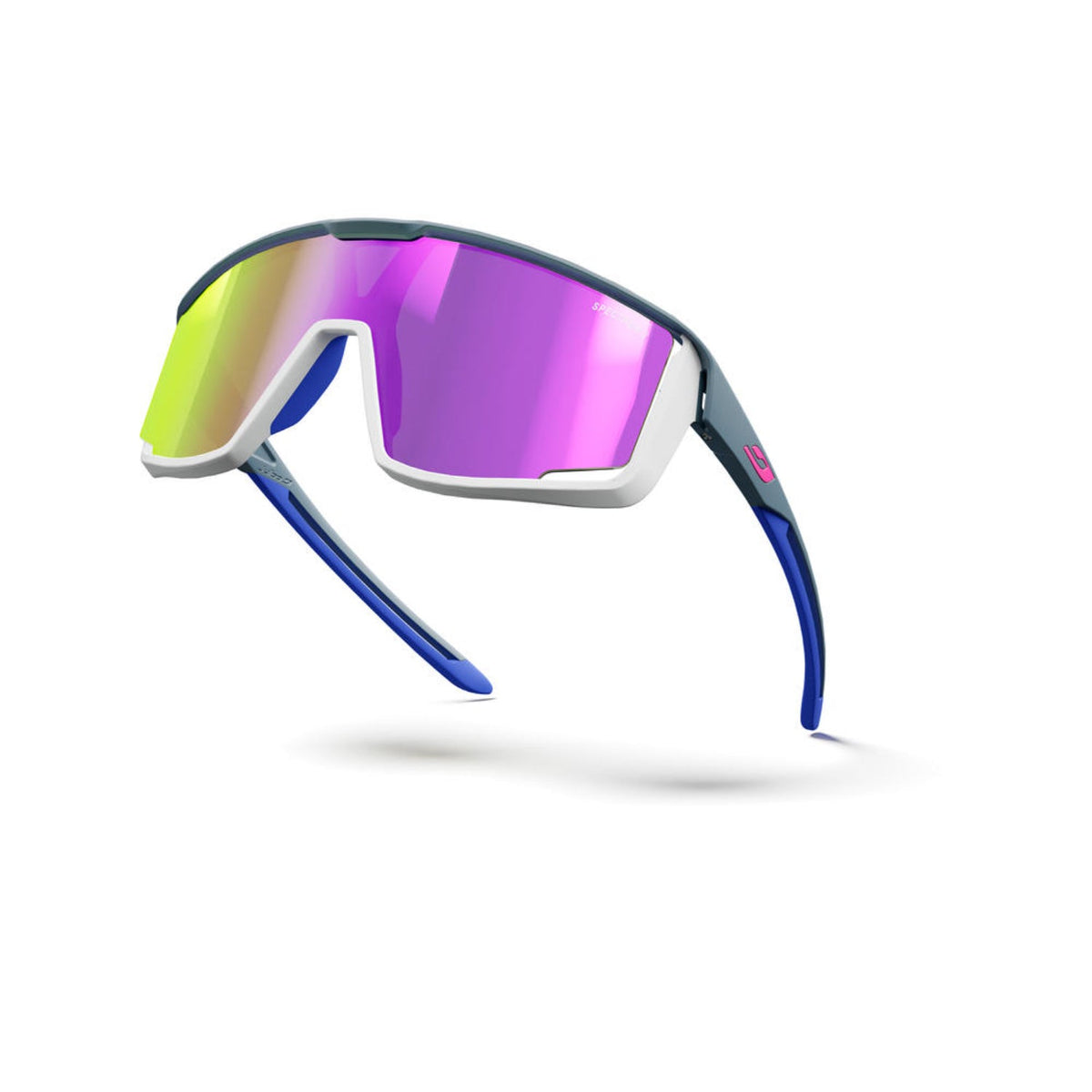 Sunglasses with purple reflective lenses on a white background