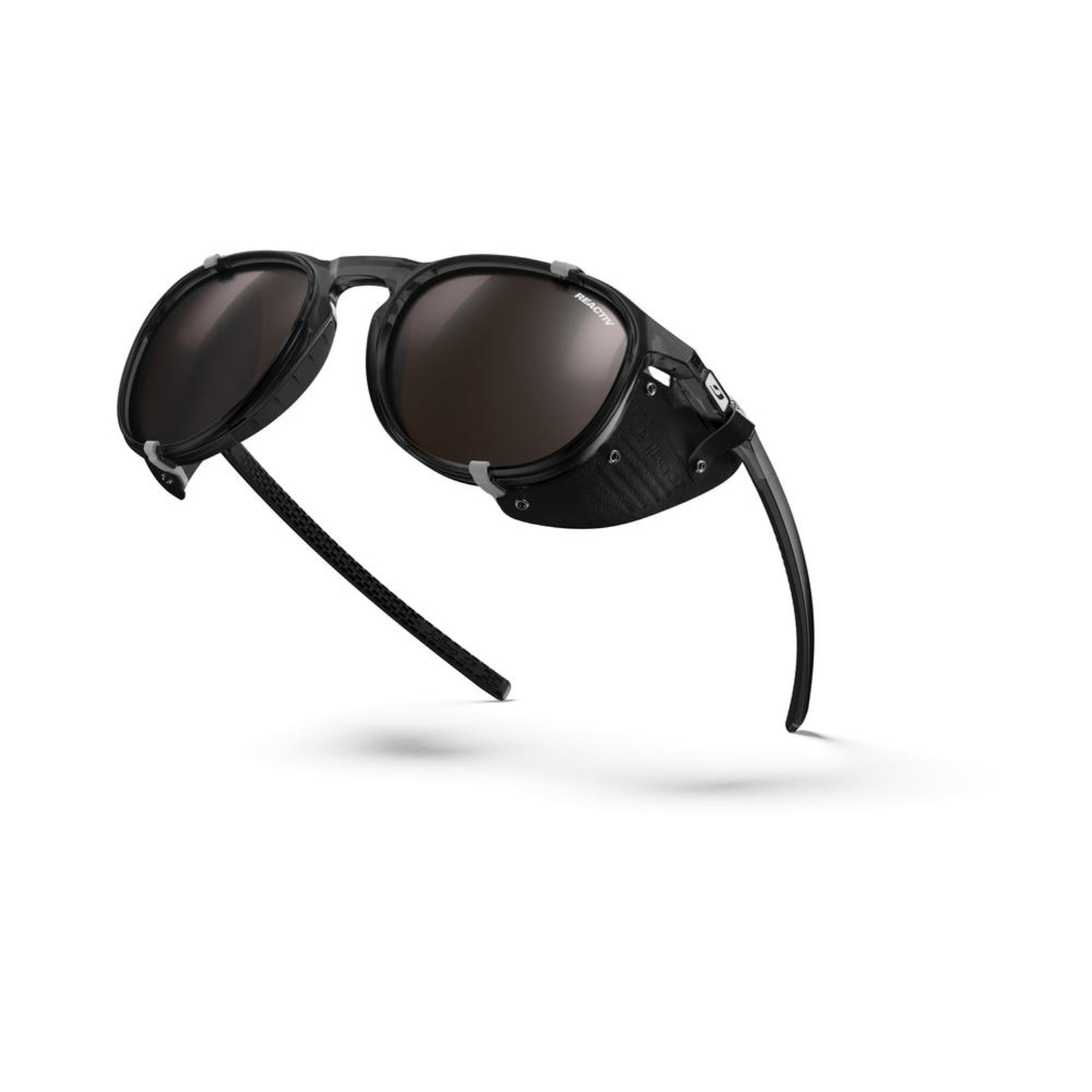 Black sunglasses with dark lenses on a white background
