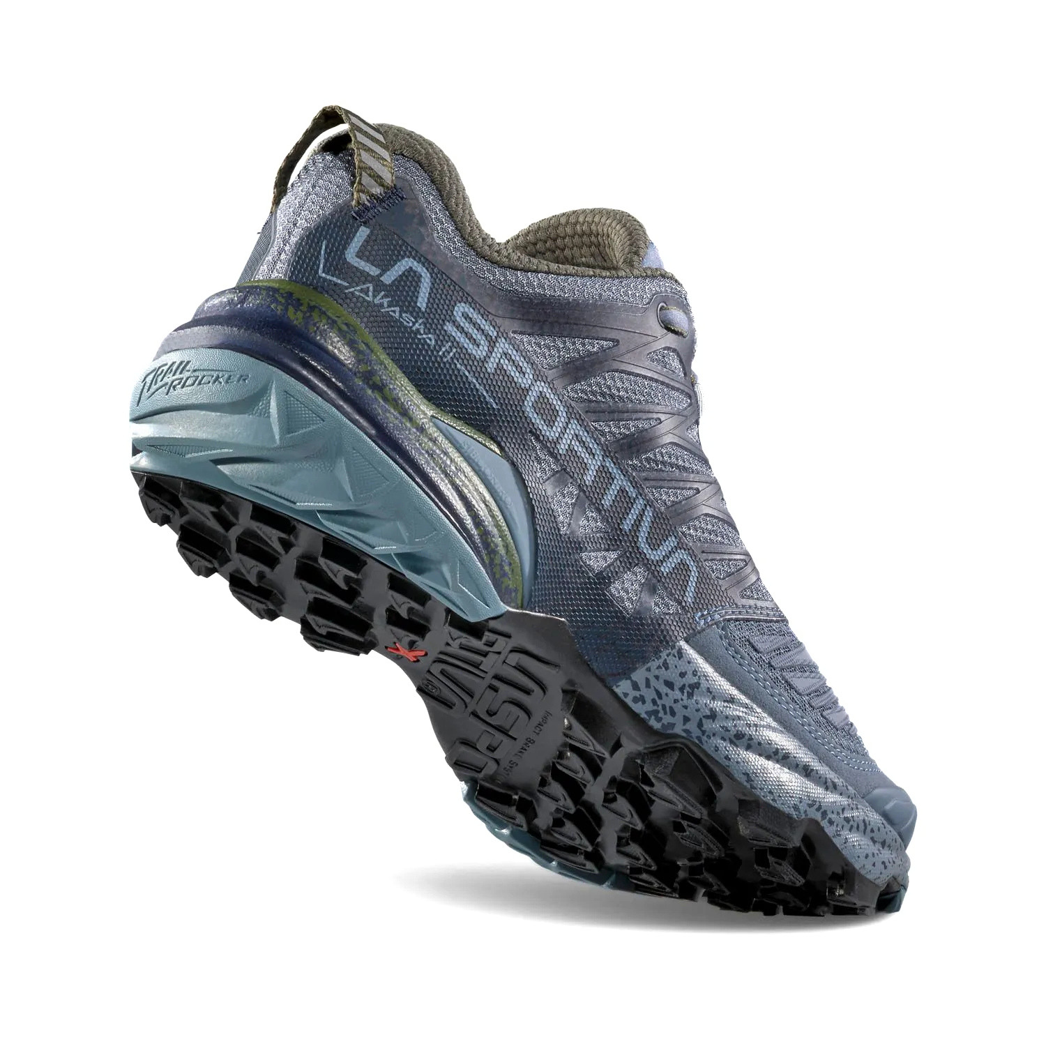 Gray athletic shoe with brand logo on a white background