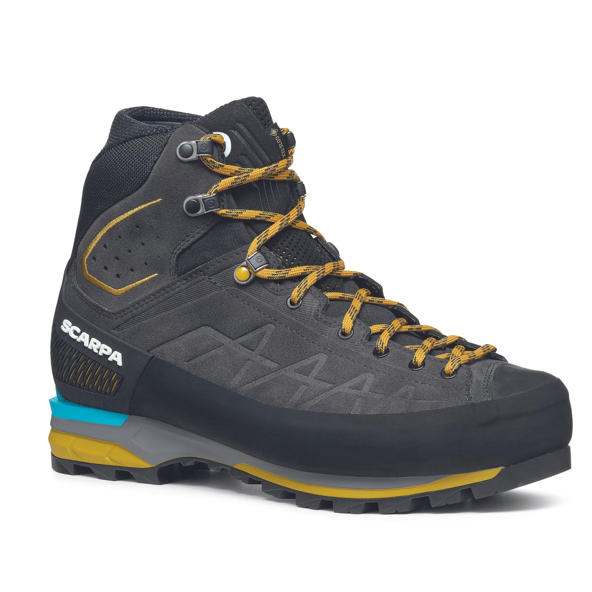 Scarpa Zodiac Tech GTX mens boots in anthracite sulphur colour. Showing side on view.