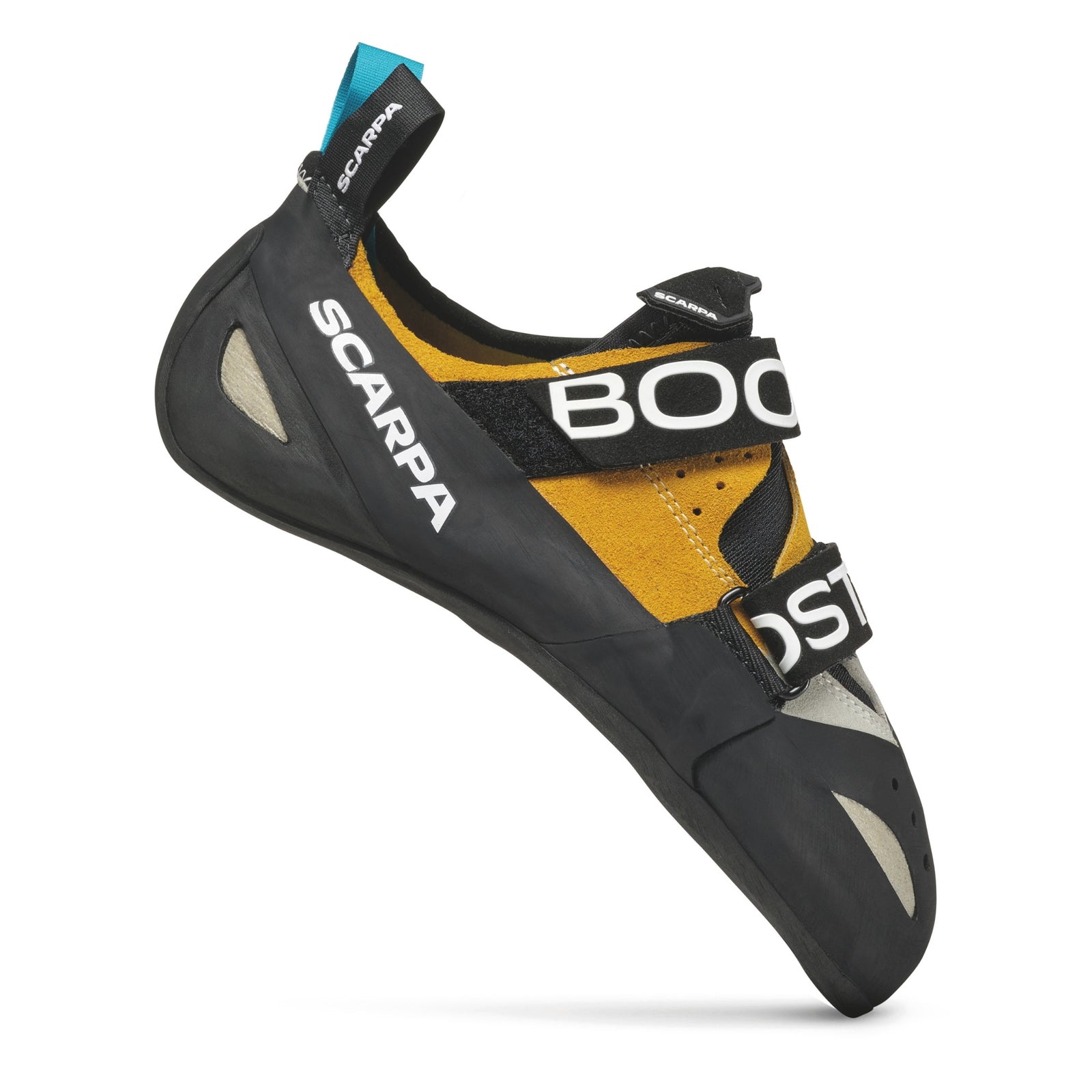 Black and yellow climbing shoe with branding on a white background
